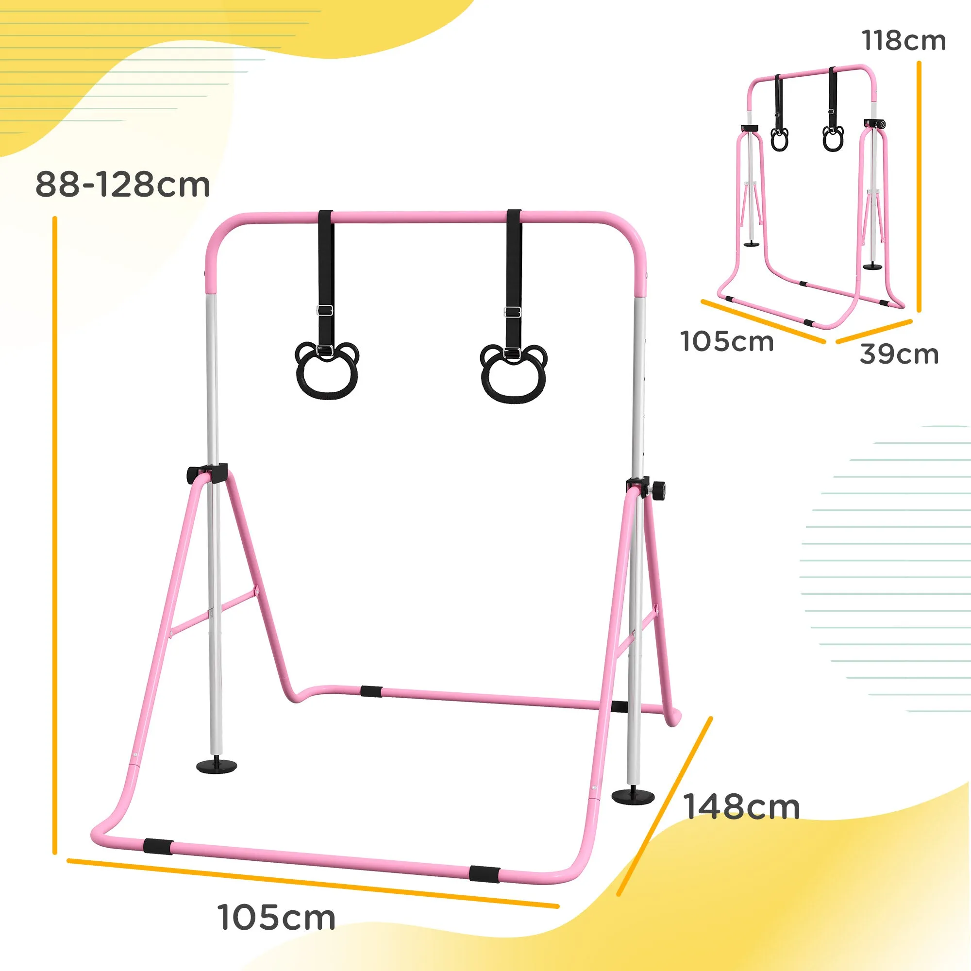 Height Adjustable Gymnastics Bar for Children with 2 Rings, Steel, 148x105x88-128 cm, Pink - Image 3