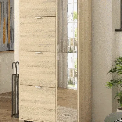 Shoe Rack with Mirror for 16 Pairs of Shoes, 4 Drop-Down Drawers and 2 Cabinets, 82x30x168cm, Oak