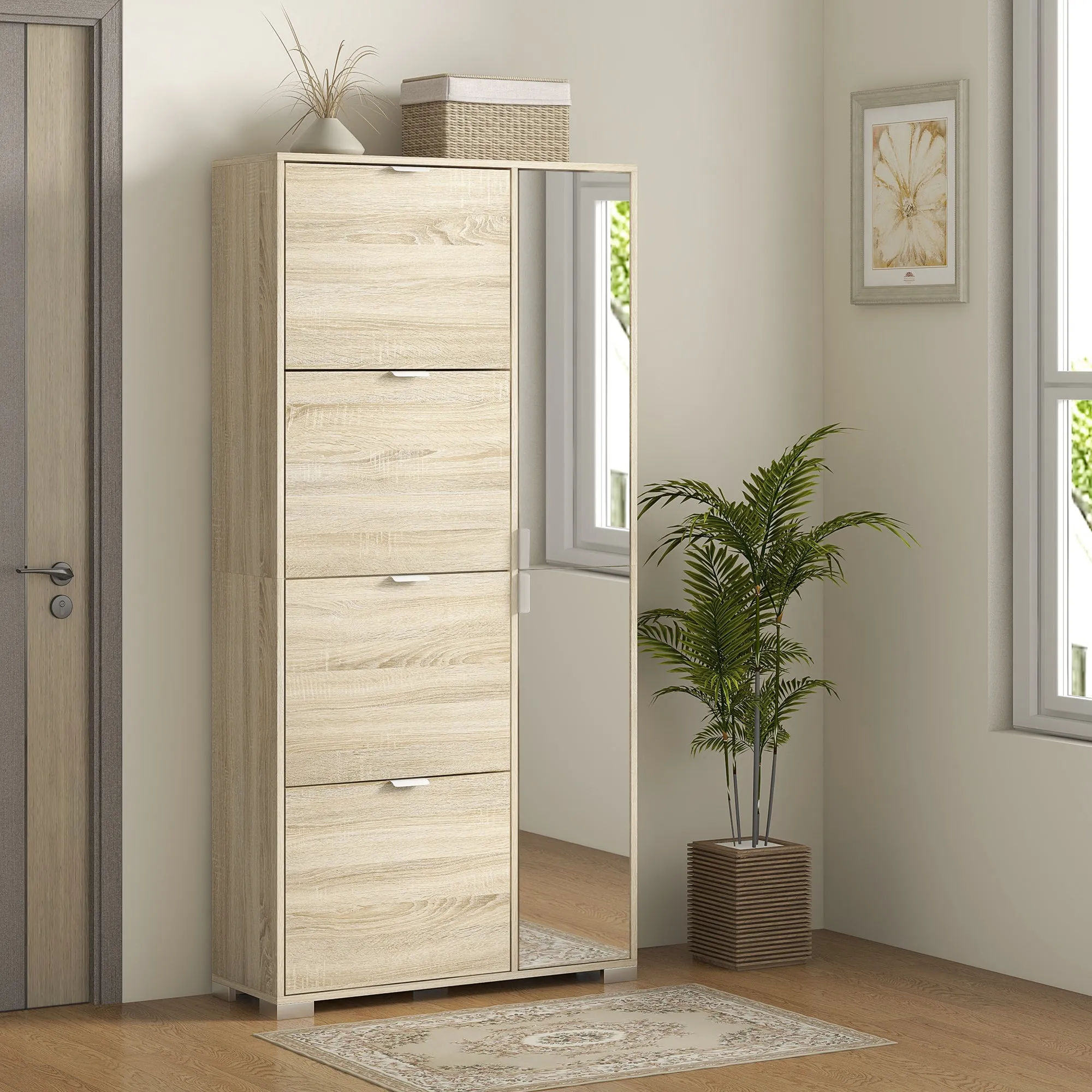 Shoe Rack with Mirror for 16 Pairs of Shoes, 4 Drop-Down Drawers and 2 Cabinets, 82x30x168cm, Oak - Image 2