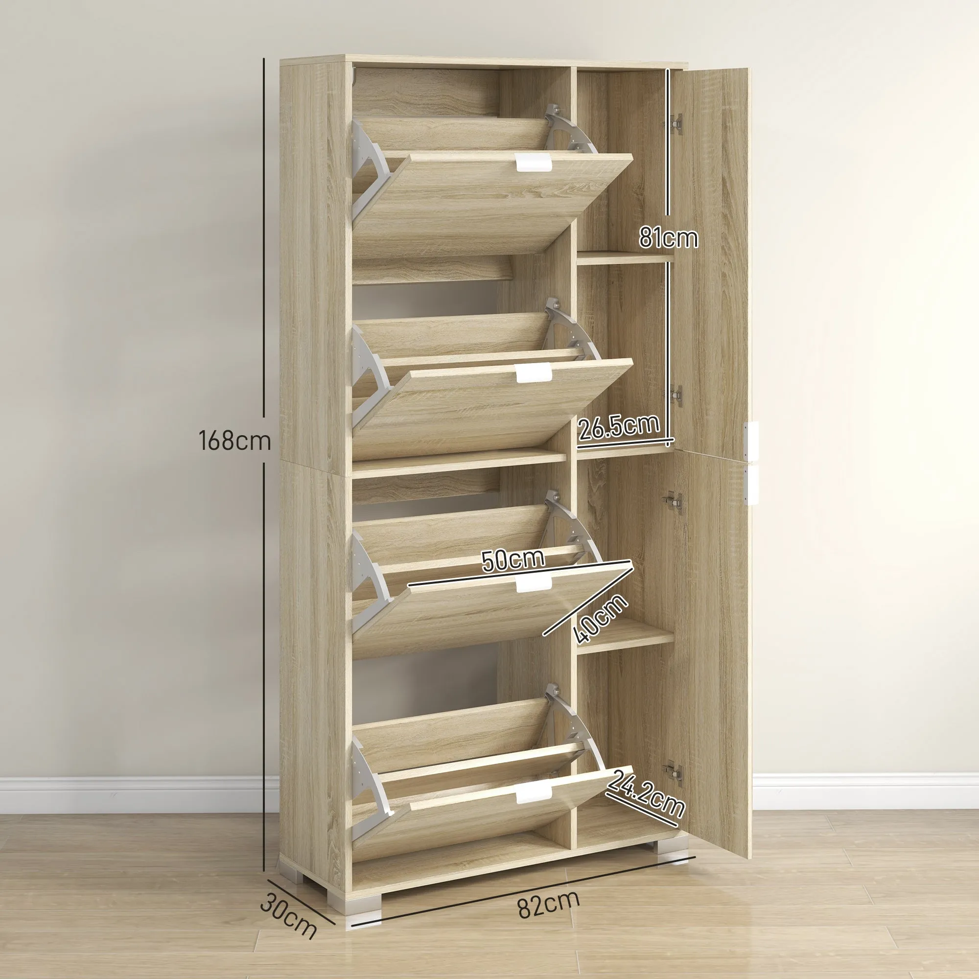 Shoe Rack with Mirror for 16 Pairs of Shoes, 4 Drop-Down Drawers and 2 Cabinets, 82x30x168cm, Oak - Image 3