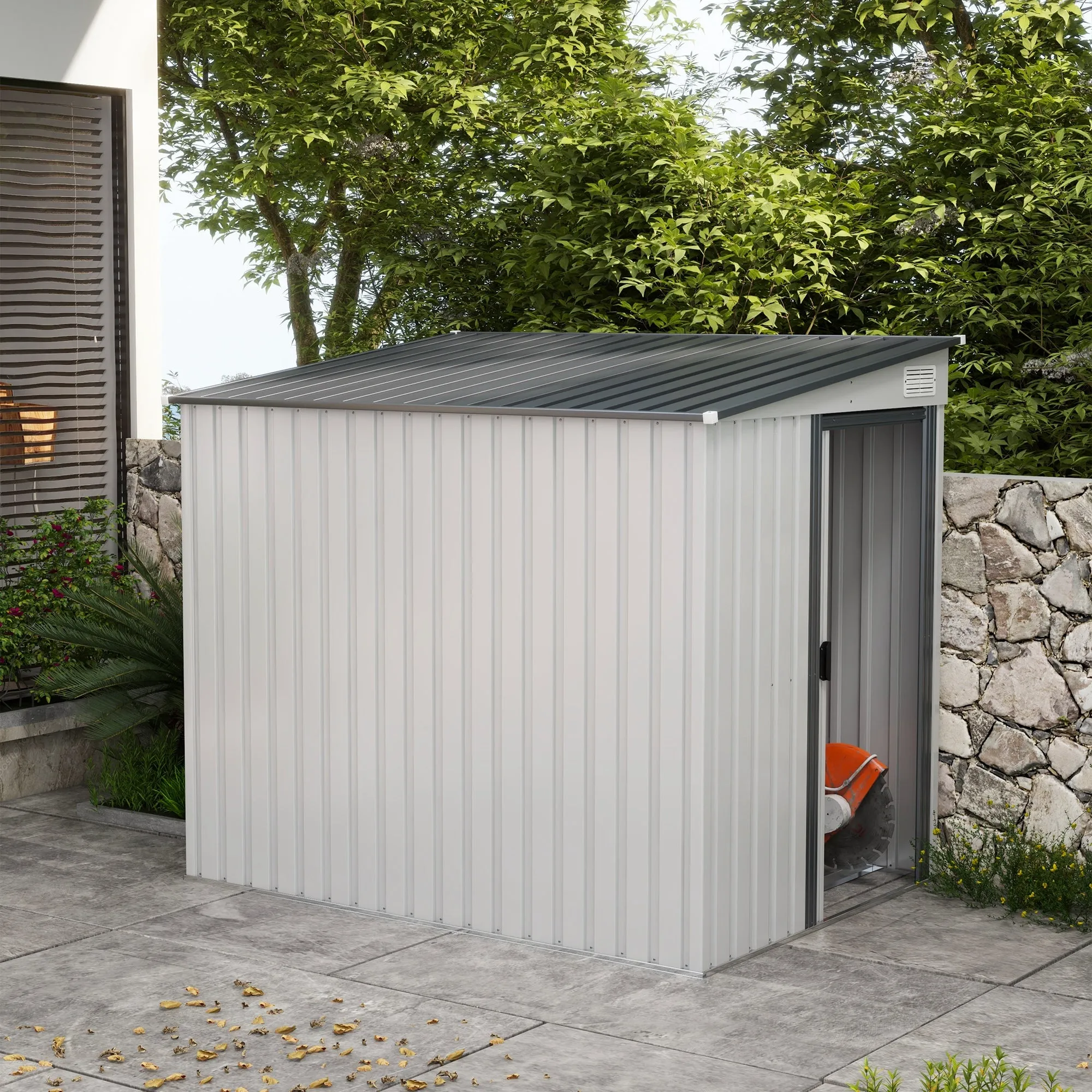Metal Tool Shed 1.5x2m with Base, Sliding Door and Sloping Roof, White - Image 2