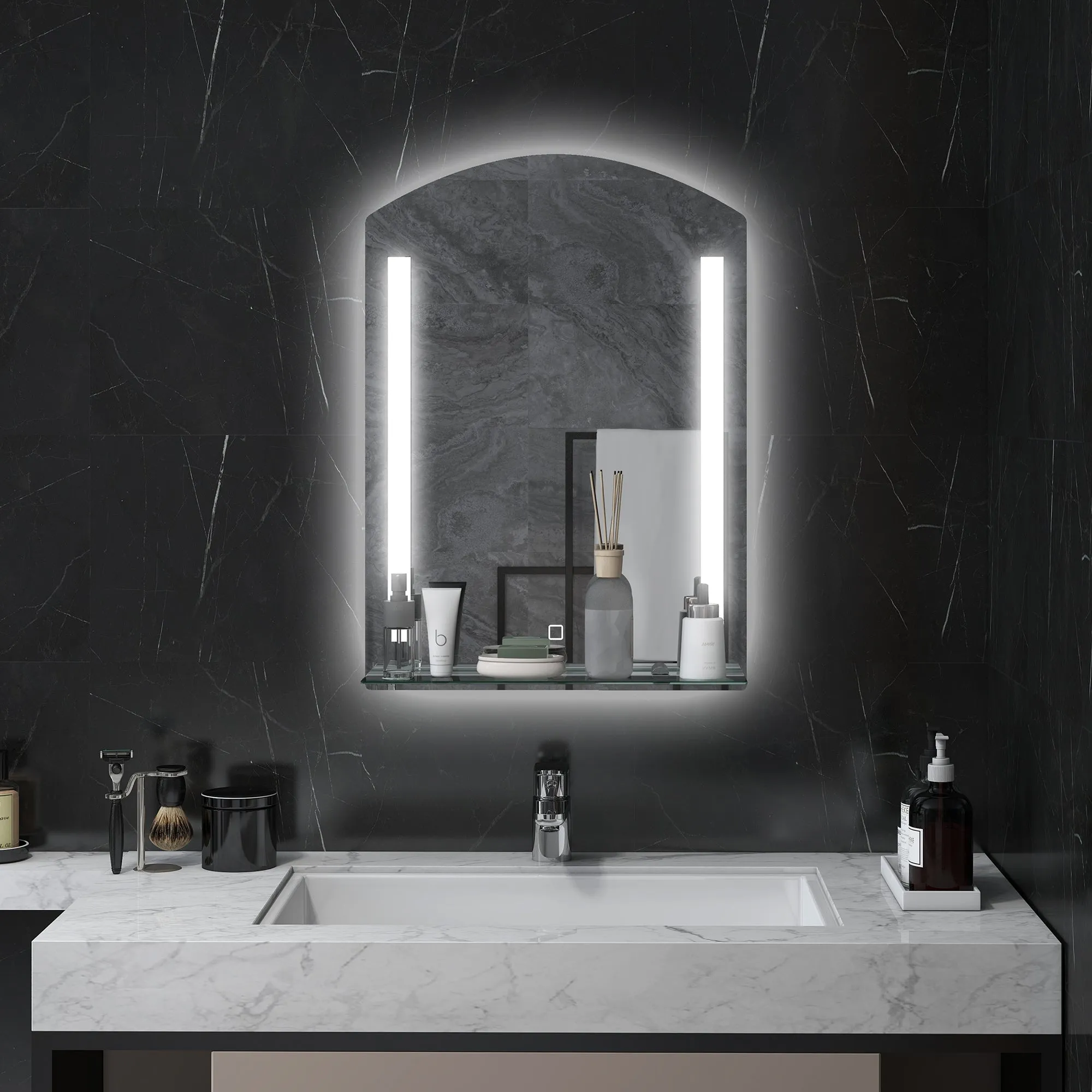 Bathroom Mirror with 3-Color Adjustable LED Light and Glass Shelf, 50x12x70 cm, Silver - Image 2