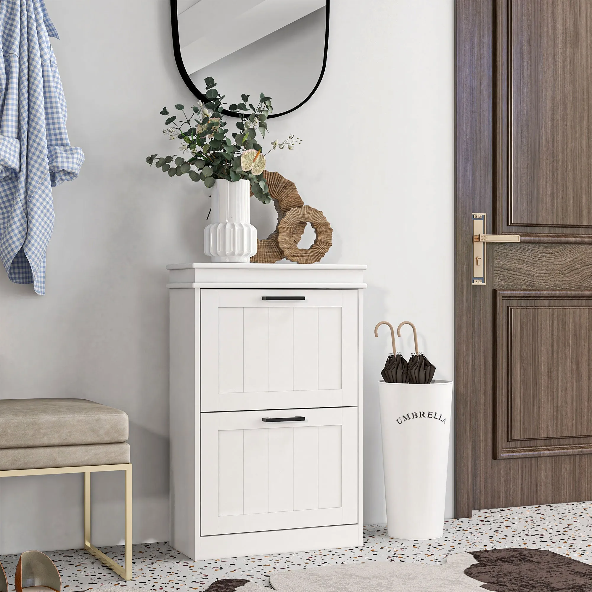 Modern Shoe Rack with 2 Tilting Drawers for 10 Pairs of Shoes and Adjustable Shelf, 54x24x82.5cm, White - Image 2