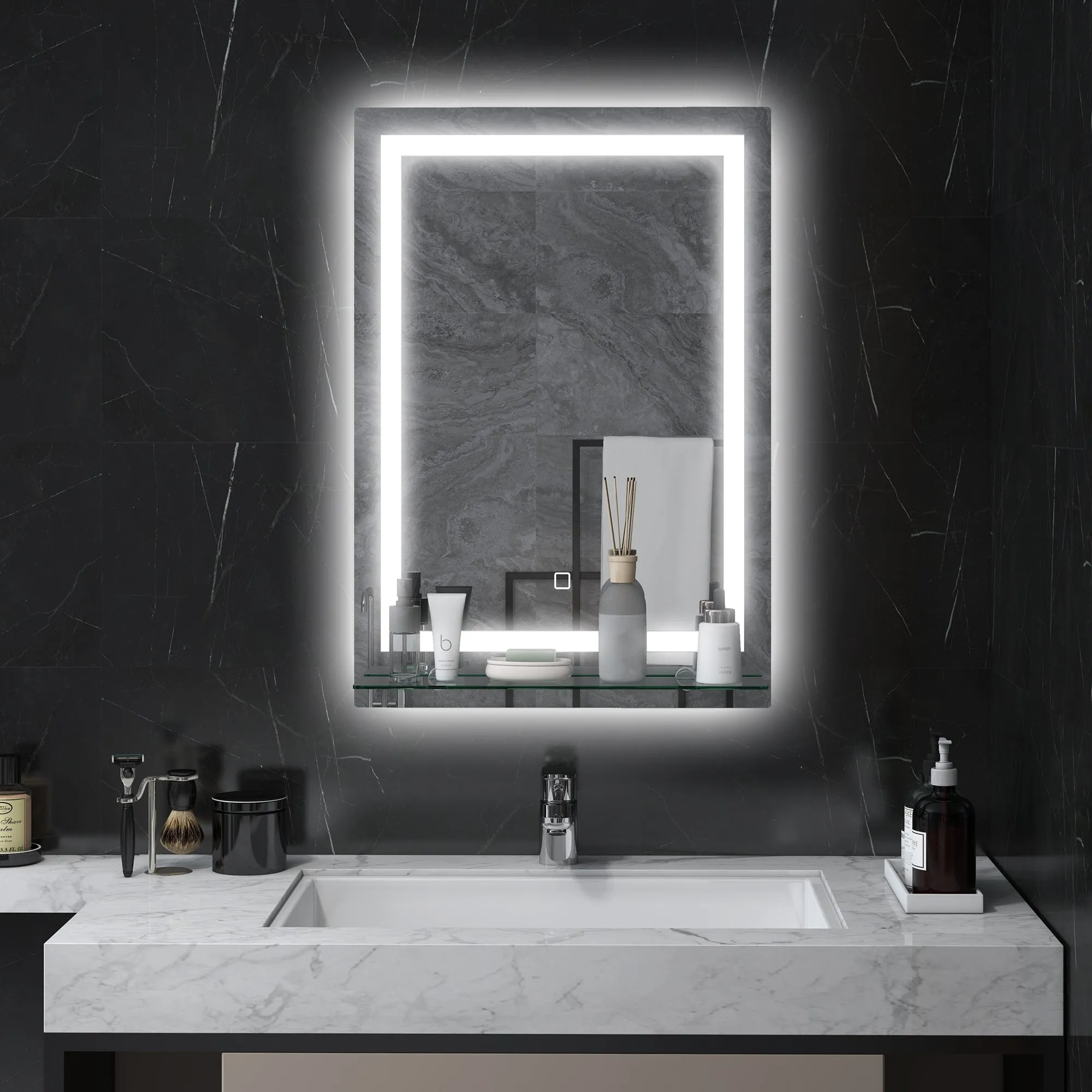 3 Color Adjustable LED Light Bathroom Mirror with Glass Shelf, 50x12x70cm, Silver - Image 2