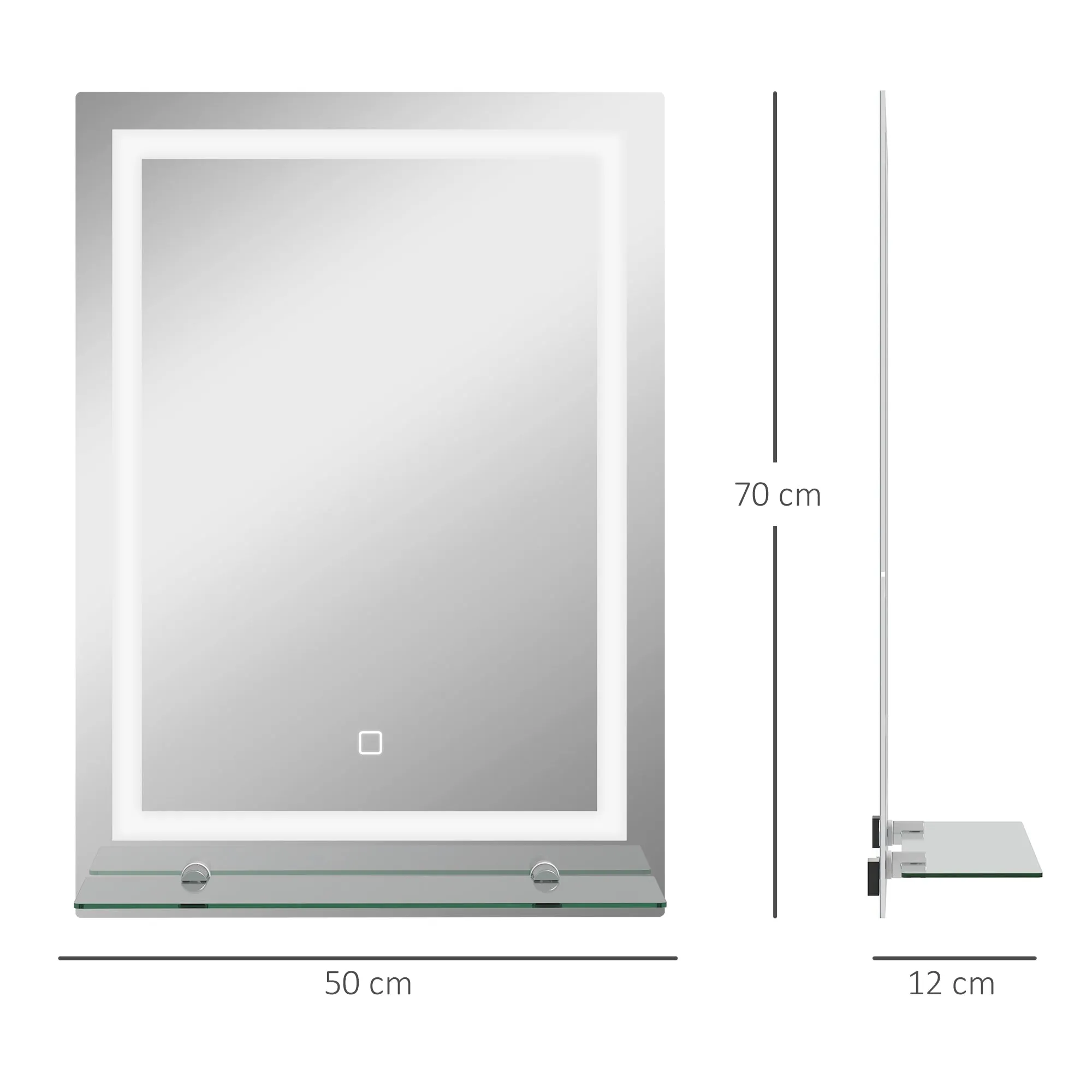 3 Color Adjustable LED Light Bathroom Mirror with Glass Shelf, 50x12x70cm, Silver - Image 3