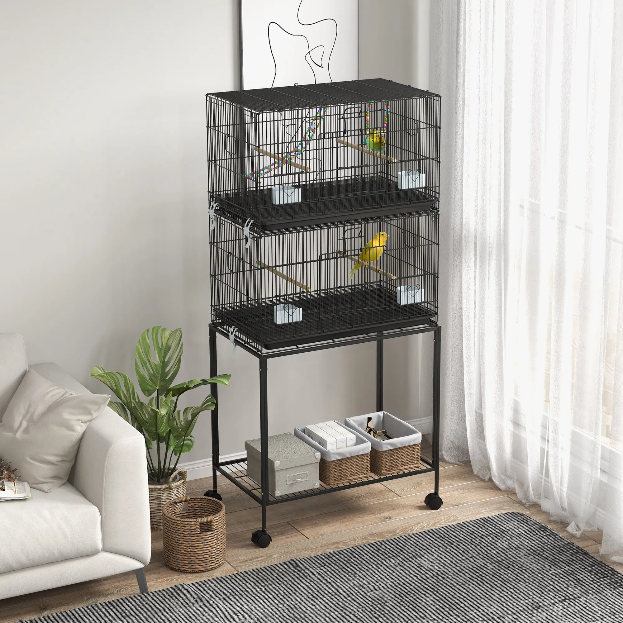 Bird Cage in Steel and PP, Stacked Design with Perches, Swings and Ladders, 77x46x164 cm, Black - Image 2