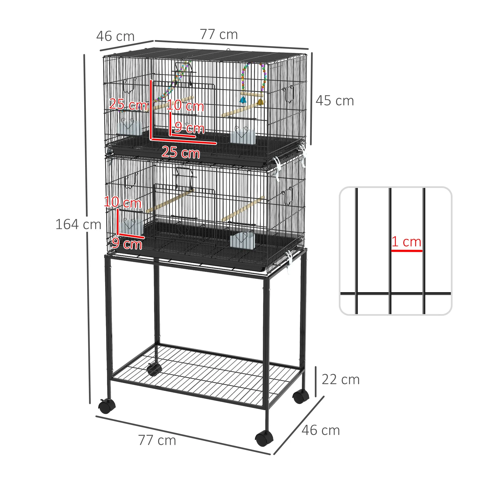 Bird Cage in Steel and PP, Stacked Design with Perches, Swings and Ladders, 77x46x164 cm, Black - Image 3