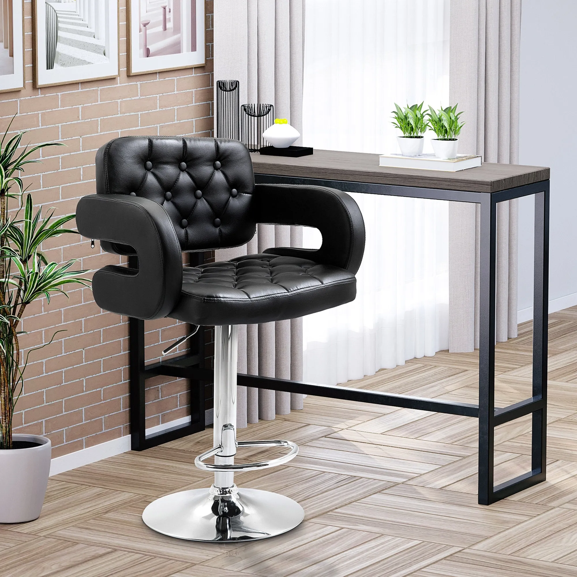 High Bar Stool with Backrest and Armrests, Swivel with Adjustable Height and Footrest, Black Faux Leather - Image 2