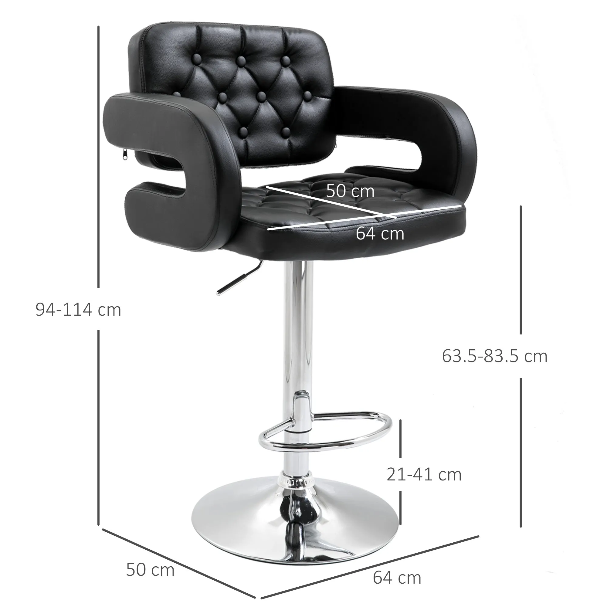 High Bar Stool with Backrest and Armrests, Swivel with Adjustable Height and Footrest, Black Faux Leather - Image 3