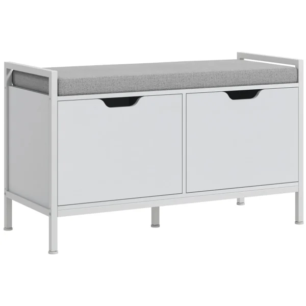 2-Tier Shoe Rack Bench with Cushion, in Linen Effect Fabric, Wood and Steel, 84x35x50 cm, White