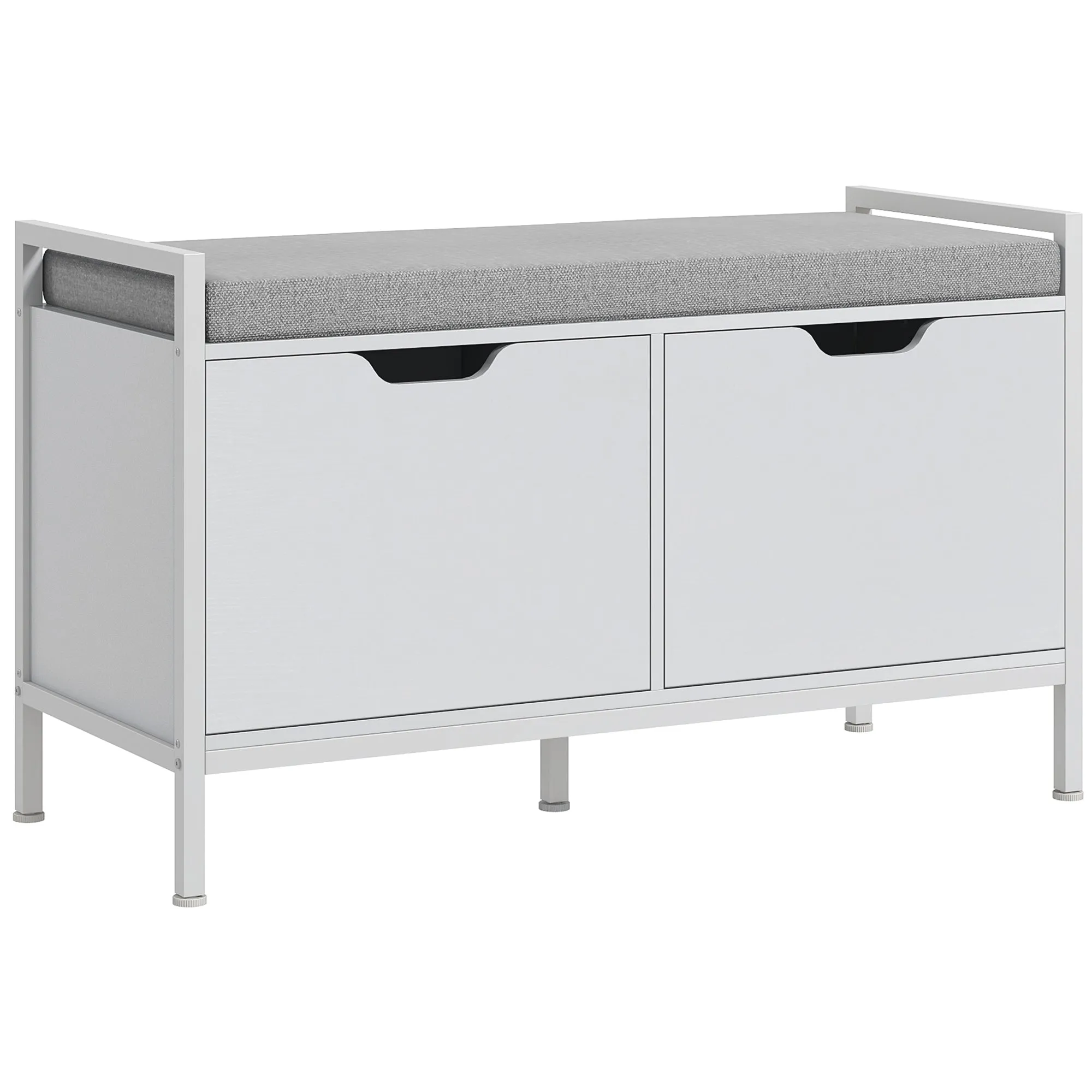 2-Tier Shoe Rack Bench with Cushion, in Linen Effect Fabric, Wood and Steel, 84x35x50 cm, White