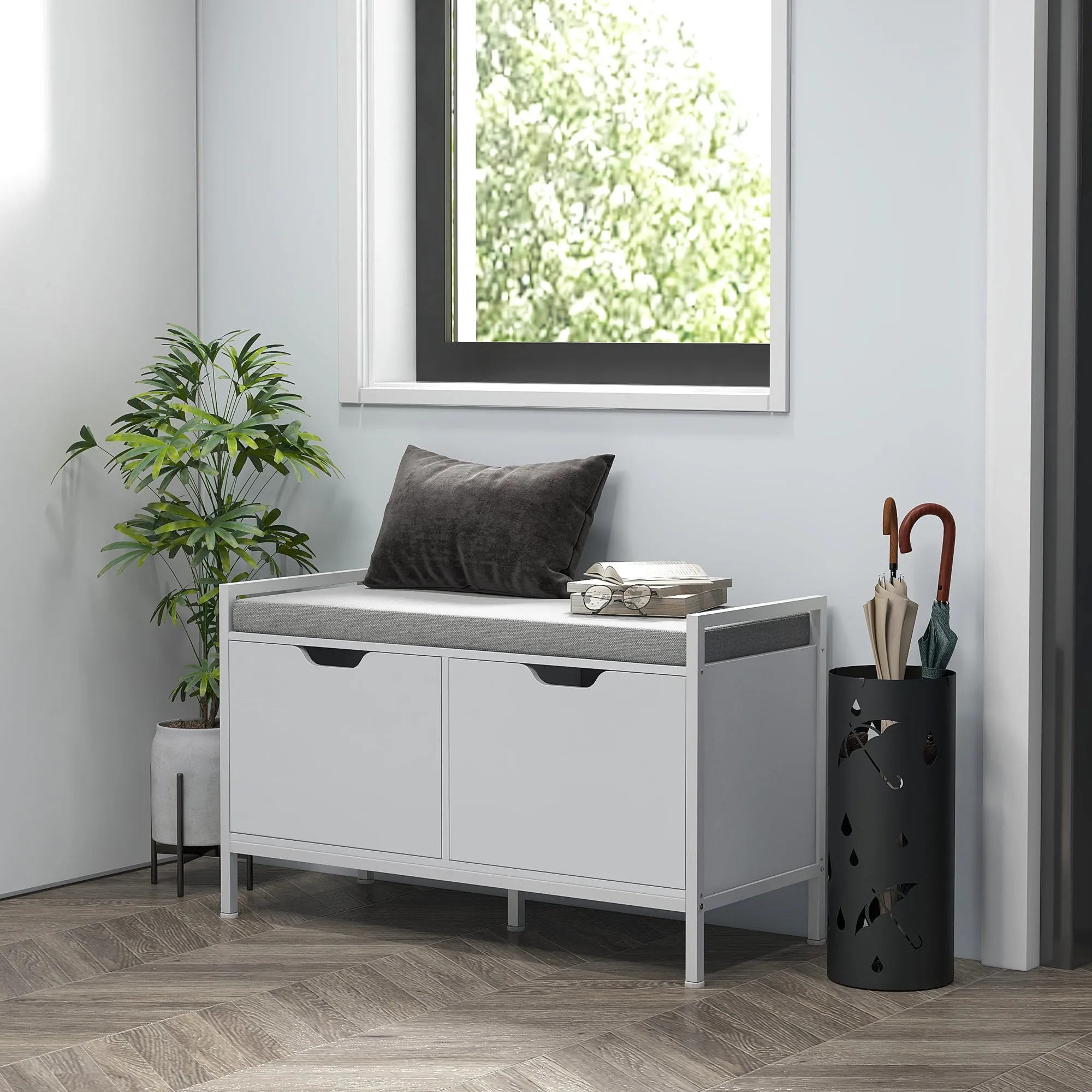 2-Tier Shoe Rack Bench with Cushion, in Linen Effect Fabric, Wood and Steel, 84x35x50 cm, White - Image 2