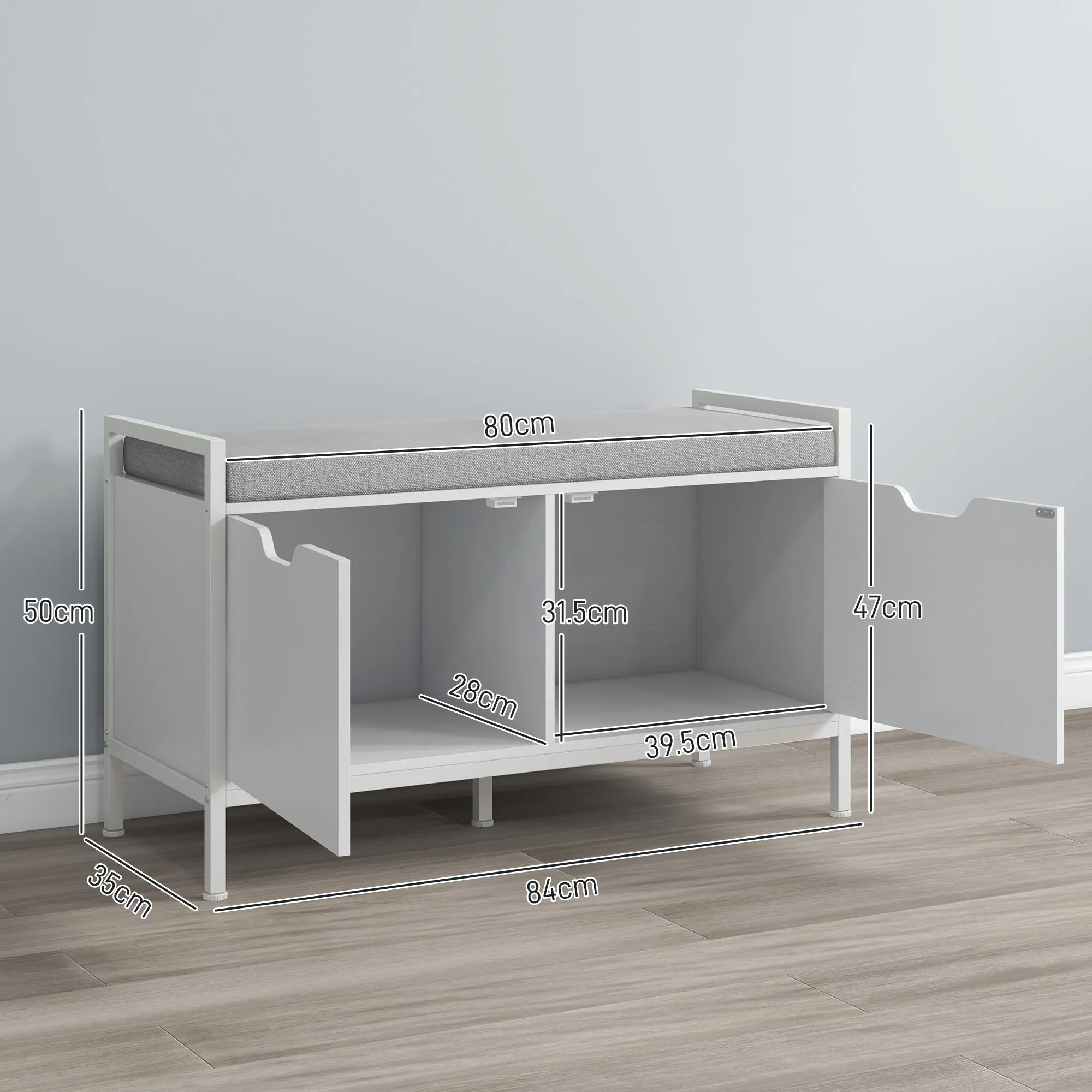 2-Tier Shoe Rack Bench with Cushion, in Linen Effect Fabric, Wood and Steel, 84x35x50 cm, White - Image 3
