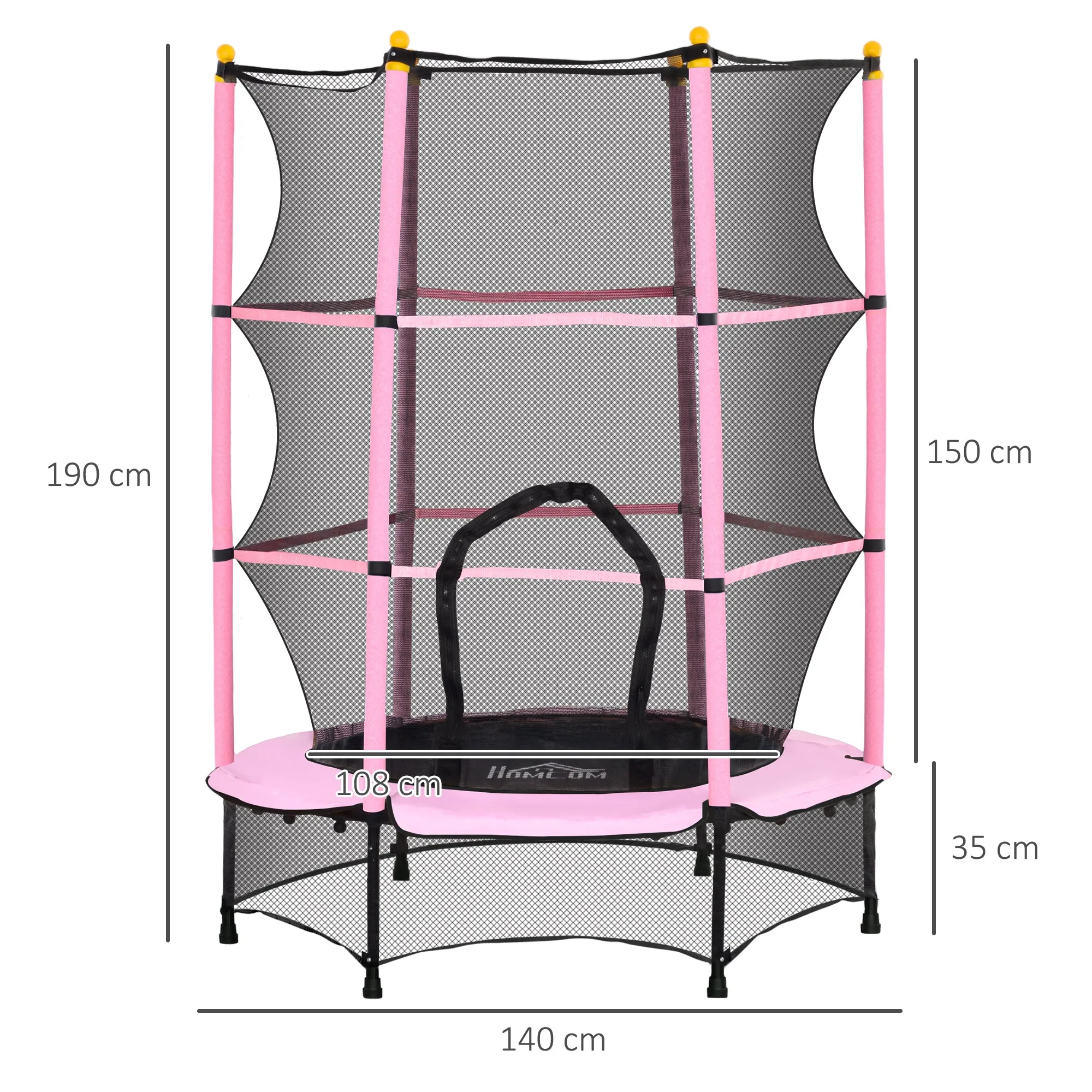 Children's Trampoline with Safety Net and Padded Poles Ages 3-10 Years, Ø140 x 190 cm, Pink - Image 3