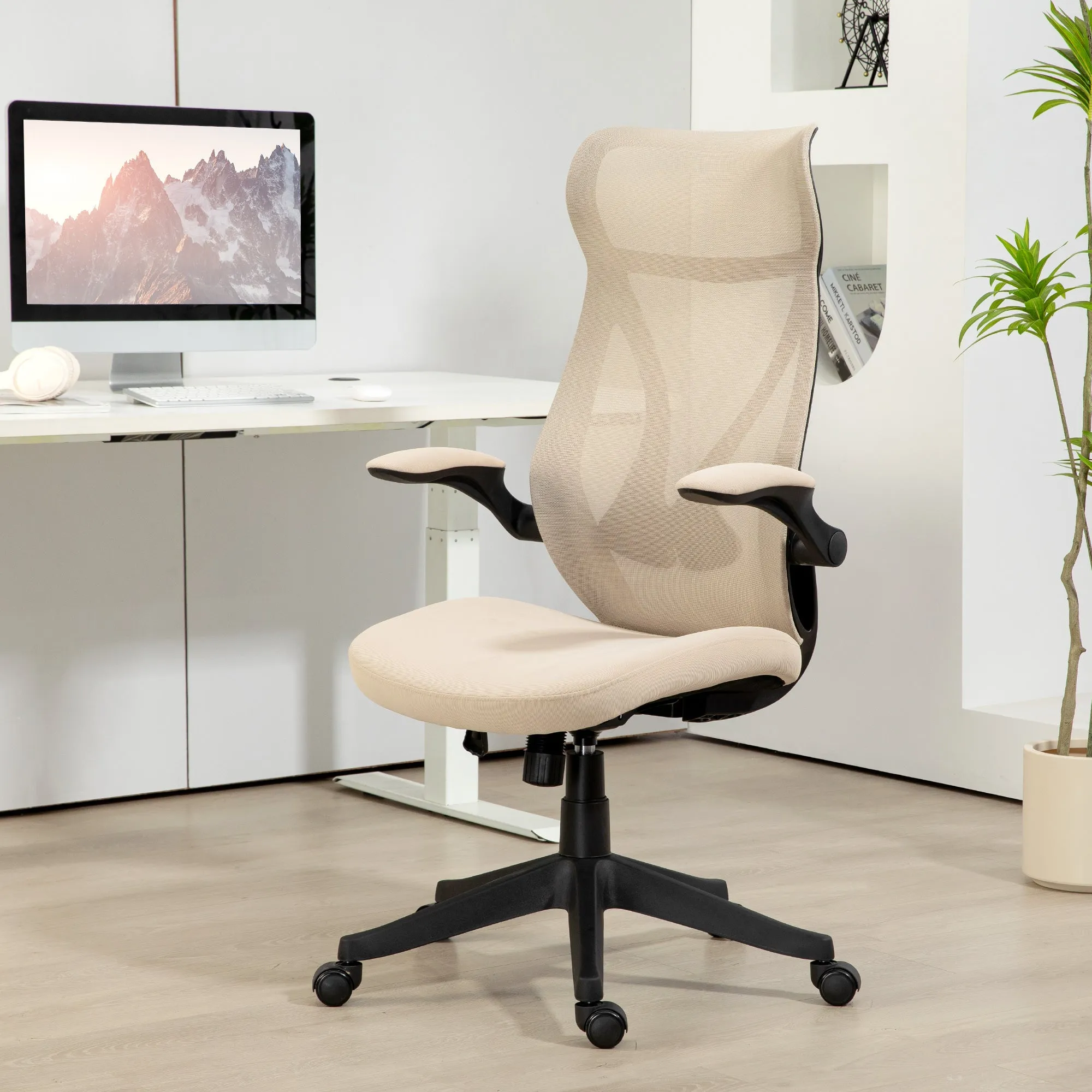 Office Chair with Folding Armrests, Adjustable Height and Reclining Backrest, Beige - Image 2