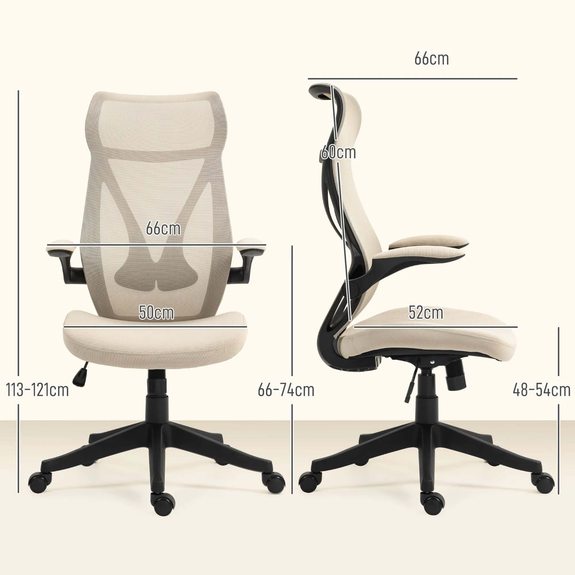 Office Chair with Folding Armrests, Adjustable Height and Reclining Backrest, Beige - Image 3