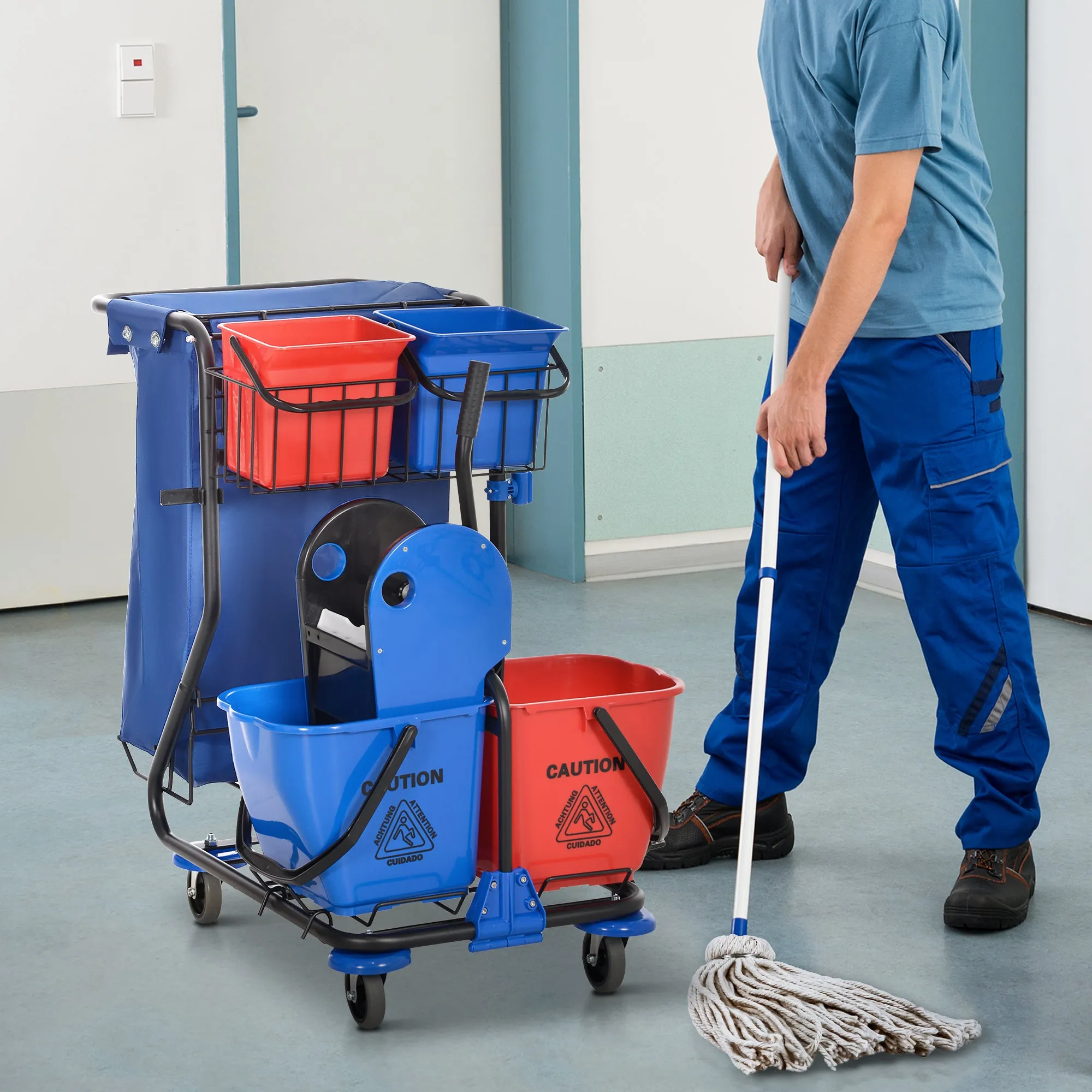 Cleaning Trolley with Garbage Bag, 4 Buckets and Mop Wringer, 93x80x97 cm, Red Blue and Black - Image 2