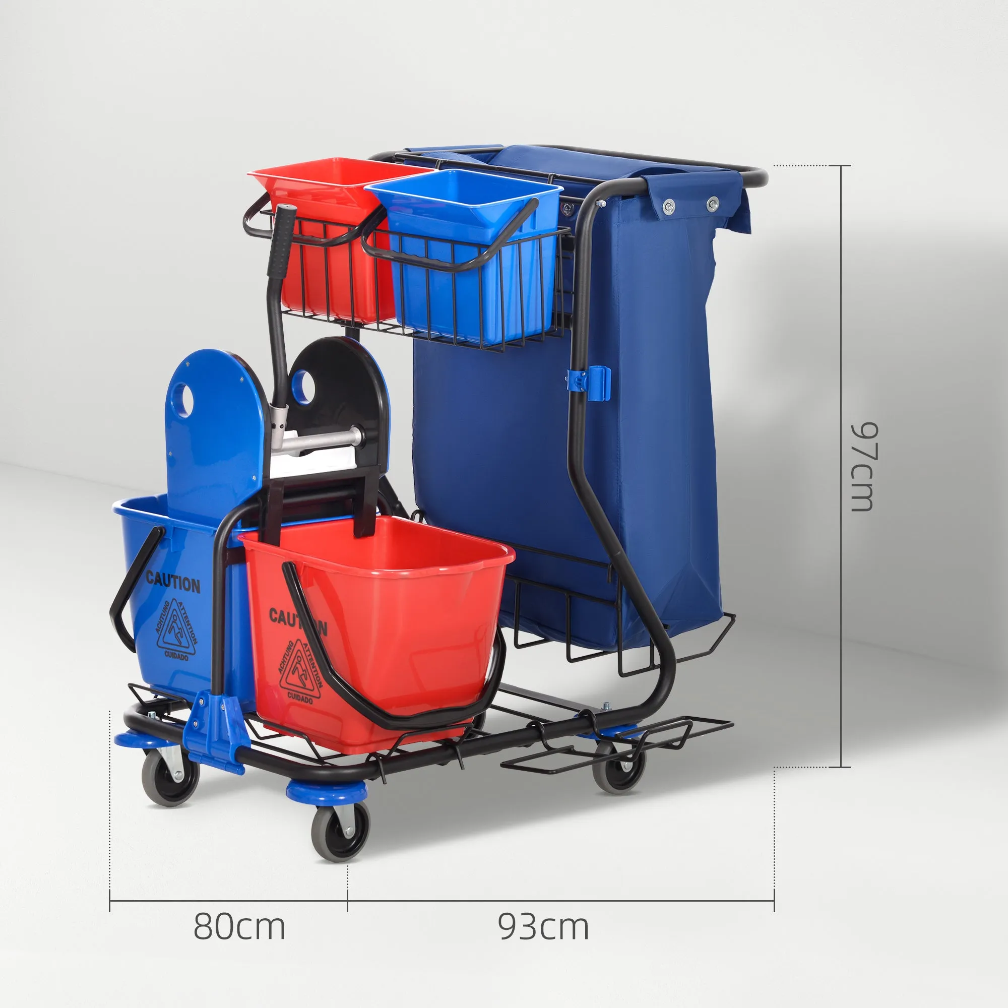 Cleaning Trolley with Garbage Bag, 4 Buckets and Mop Wringer, 93x80x97 cm, Red Blue and Black - Image 3