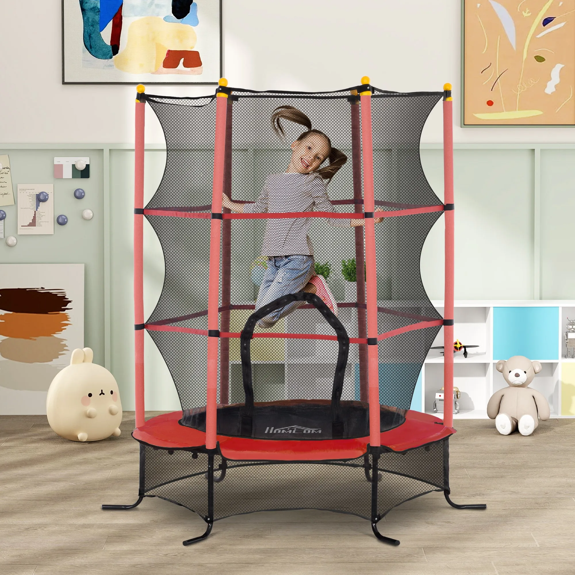 Children's Trampoline Ø1.6x1.9 m with Safety Net and Padded Poles, Ages 3-10 Years, Red - Image 2
