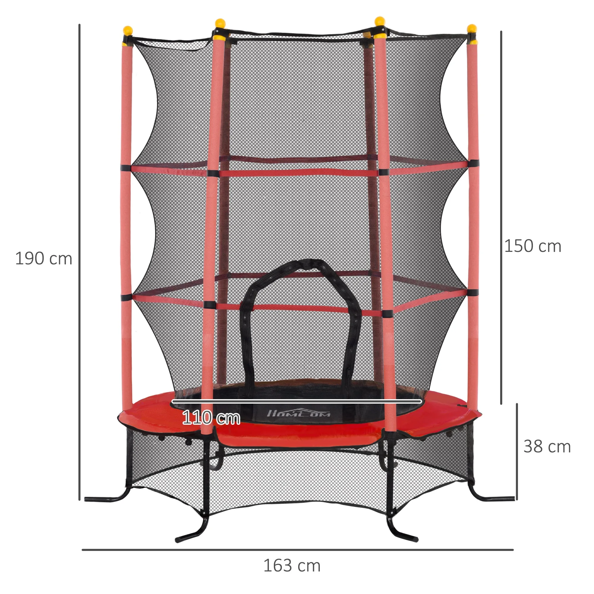 Children's Trampoline Ø1.6x1.9 m with Safety Net and Padded Poles, Ages 3-10 Years, Red - Image 3