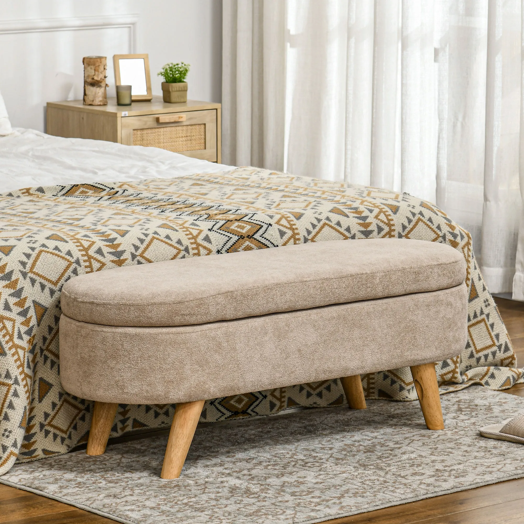 Padded Bed End Bench with Retractable Storage Space, in Wood and Polyester, 110x40x43 cm, Beige - Image 2