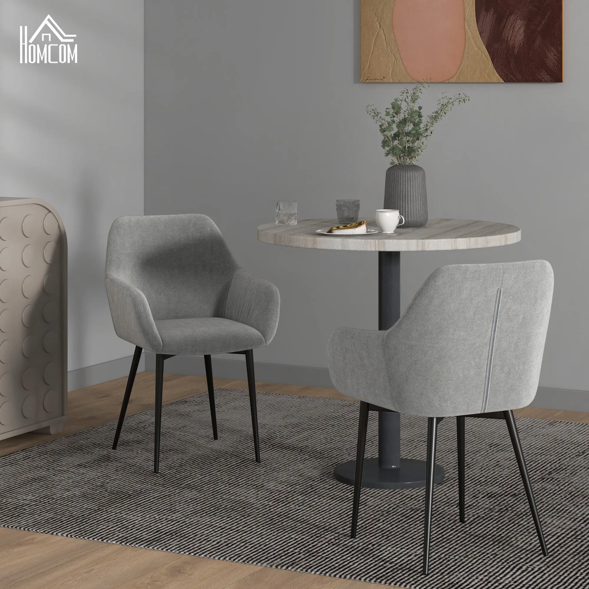 Set of 2 Nordic Dining Chairs Padded with Curved Armrests in Velvet Effect Fabric, 54x57x80 cm, Dark Grey - Image 2
