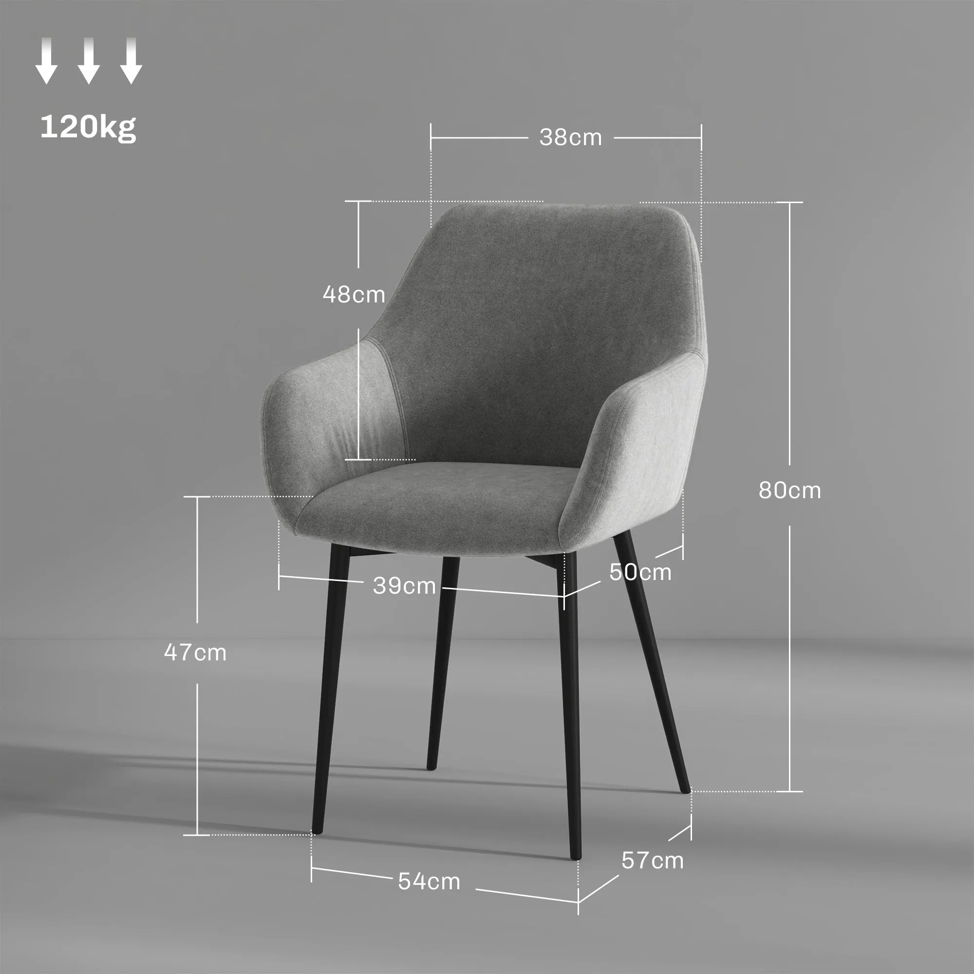 Set of 2 Nordic Dining Chairs Padded with Curved Armrests in Velvet Effect Fabric, 54x57x80 cm, Dark Grey - Image 3