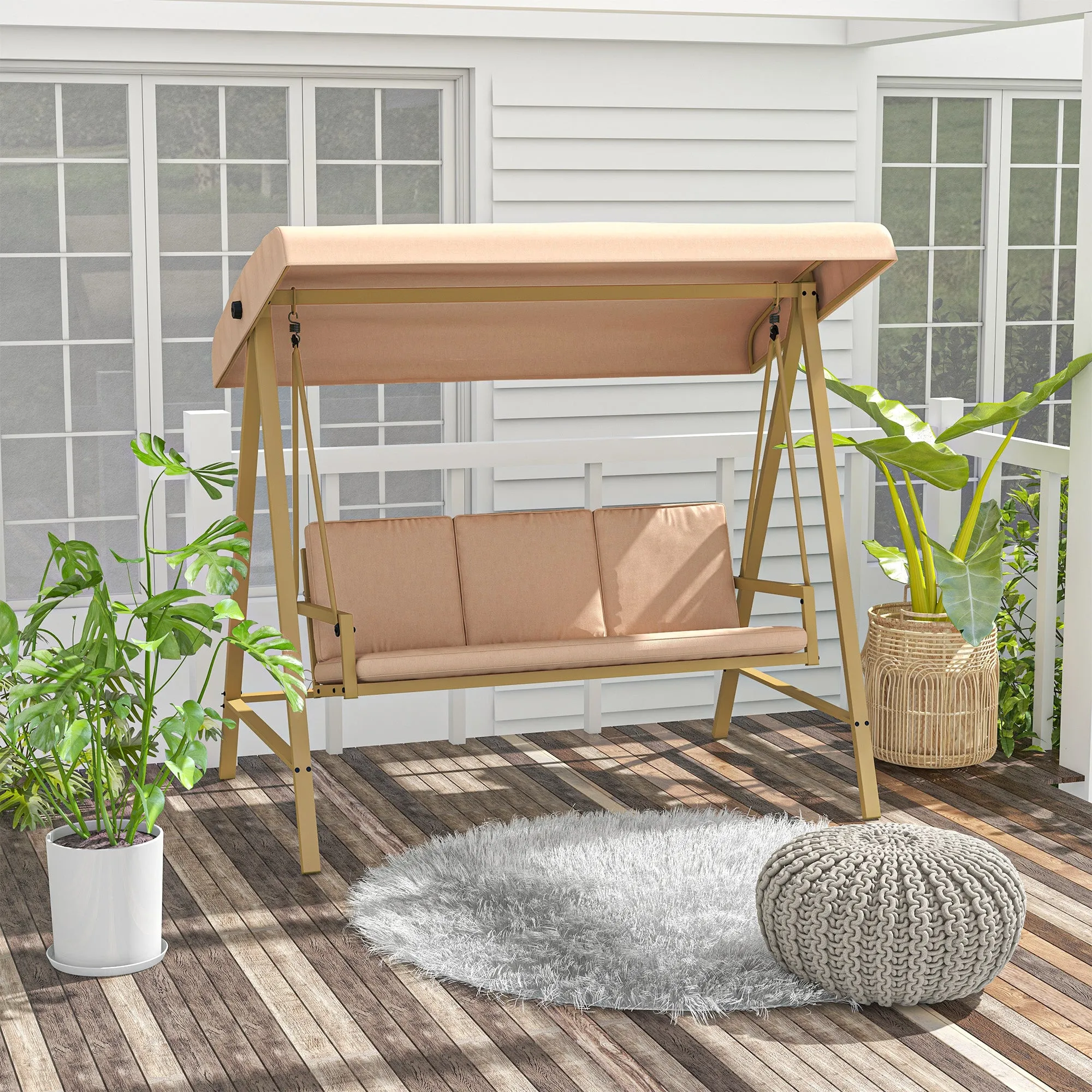 3-Seater Swing with Tilting Canopy and Cushions, in Steel and Textilene, 200x125x175 cm, Beige and Brown - Image 2