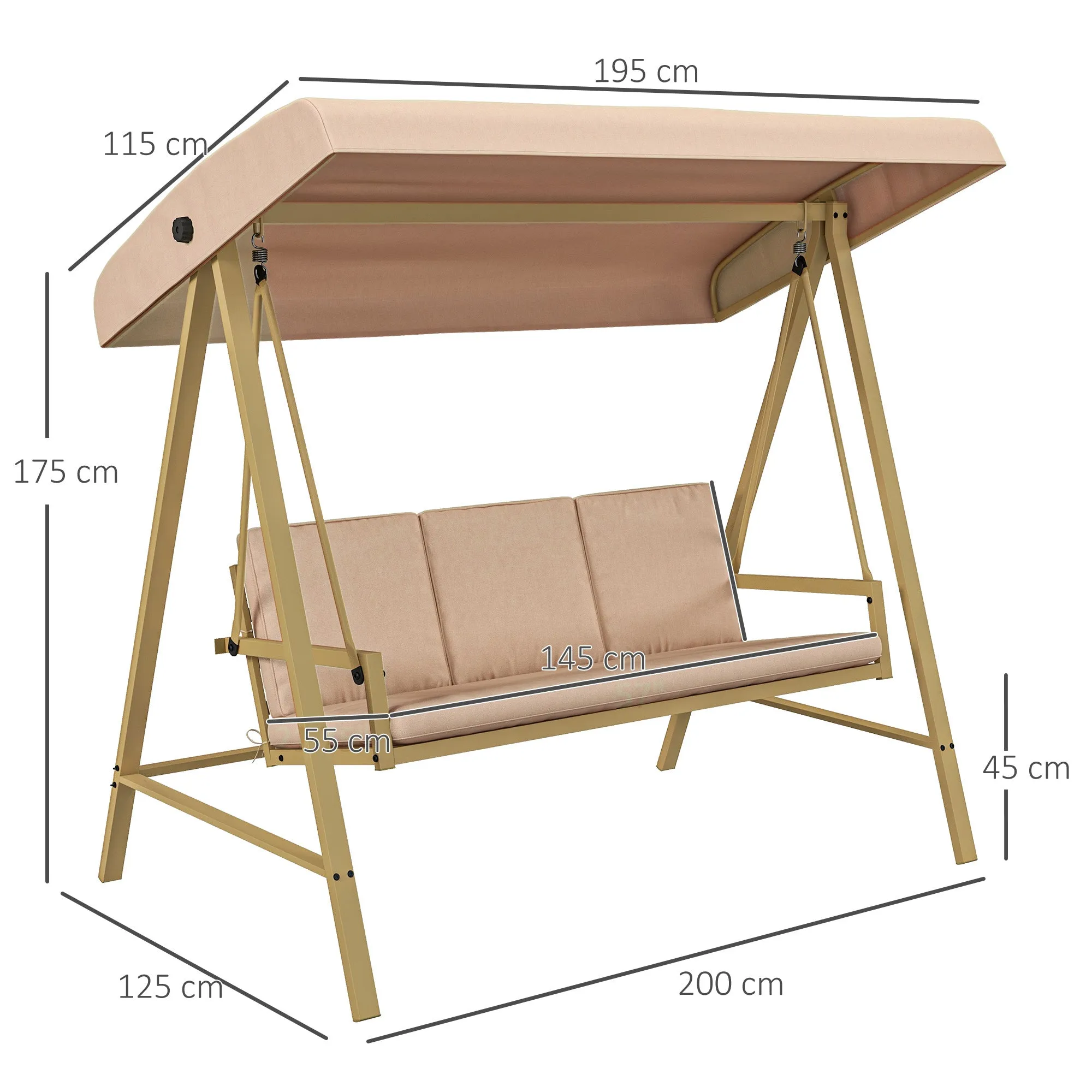 3-Seater Swing with Tilting Canopy and Cushions, in Steel and Textilene, 200x125x175 cm, Beige and Brown - Image 3