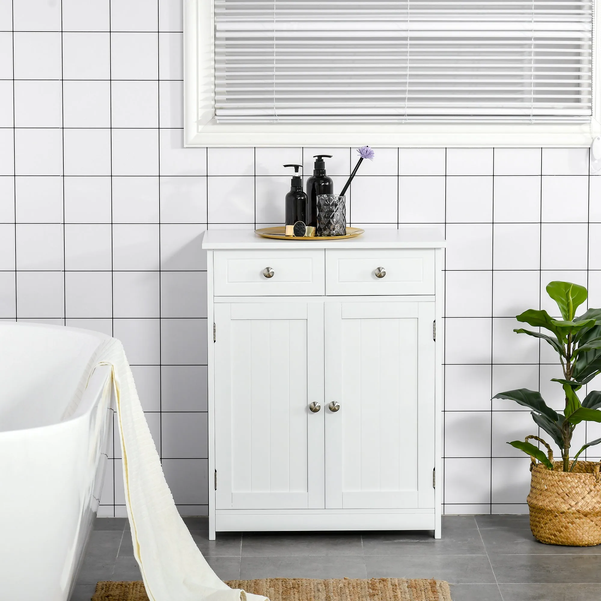 2-Door Bathroom Cabinet with Adjustable Shelf and 2 Wooden Drawers, 60x30x75 cm, White - Image 2