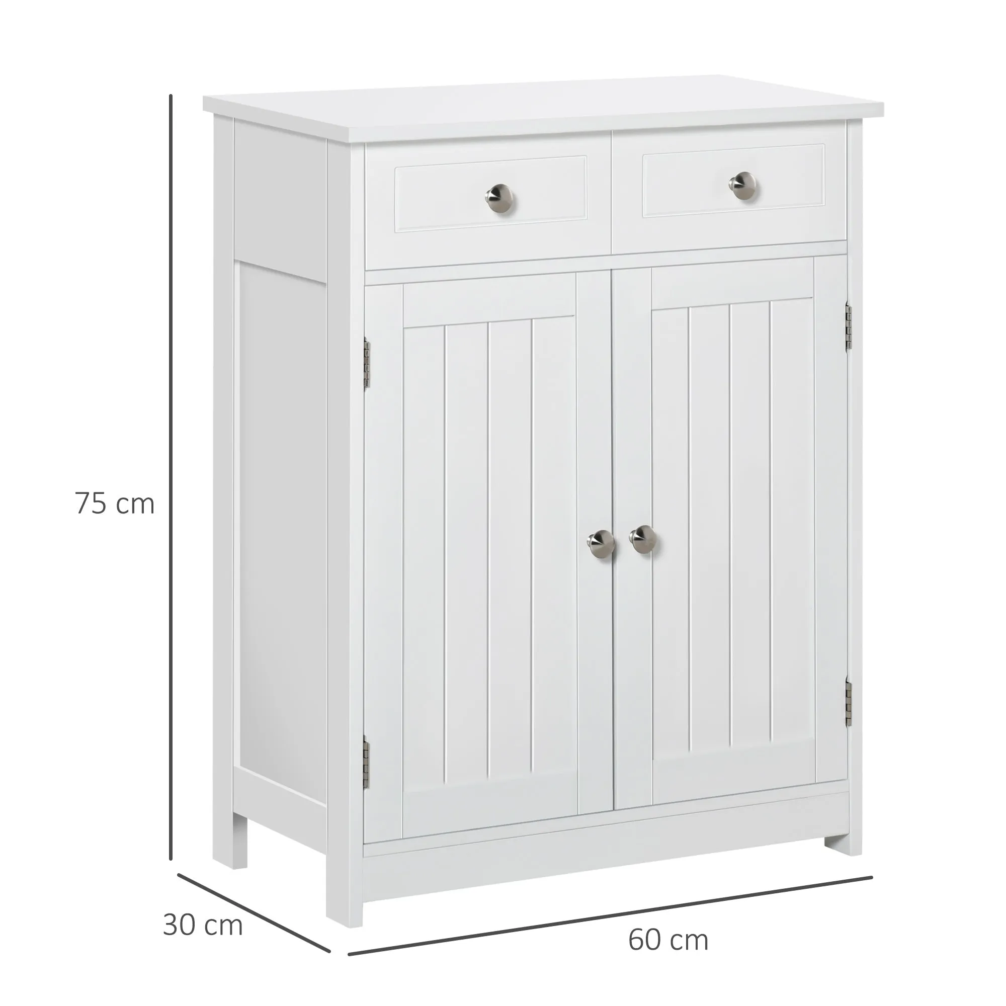 2-Door Bathroom Cabinet with Adjustable Shelf and 2 Wooden Drawers, 60x30x75 cm, White - Image 3