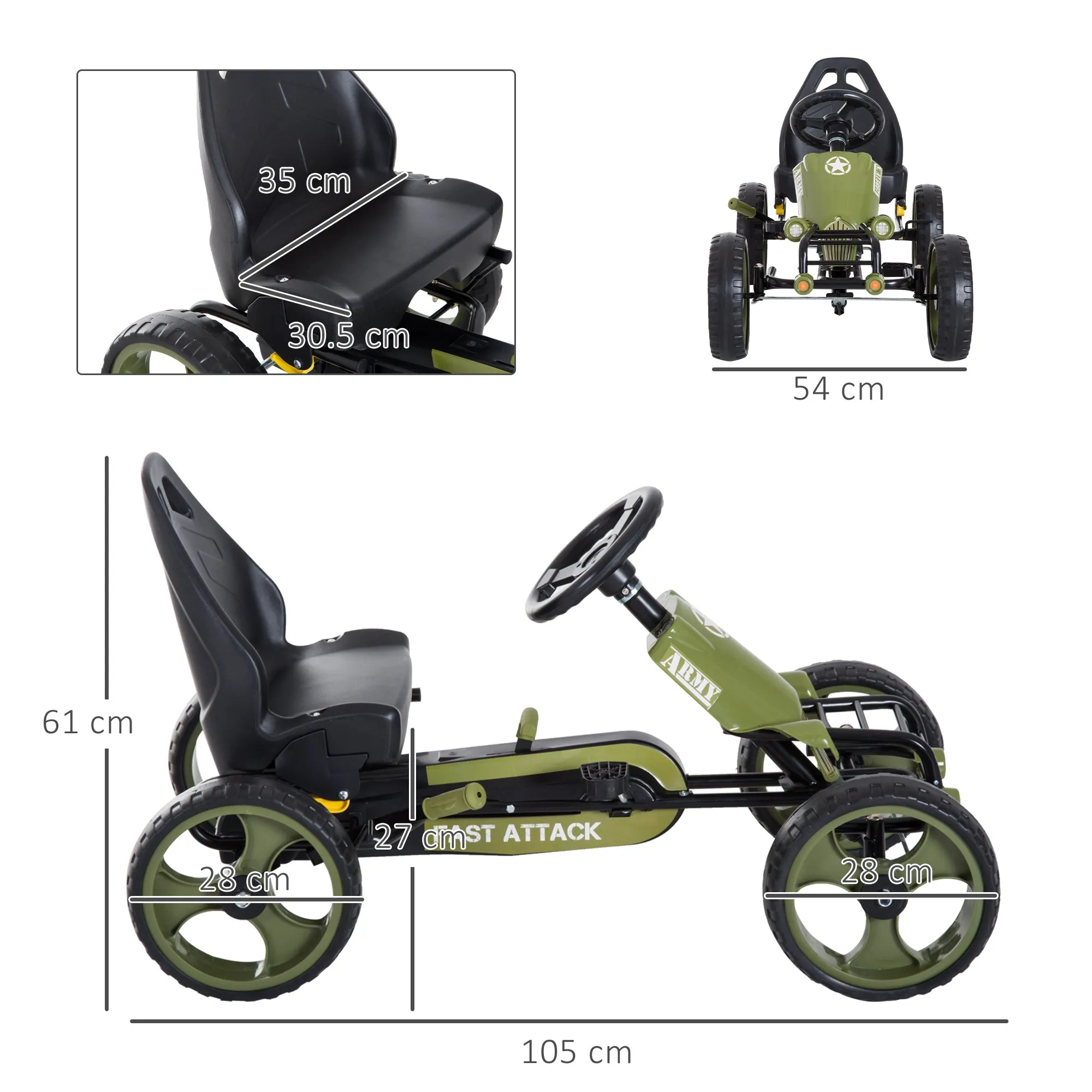Pedal Go Kart for Kids 3-6 Years Old with Adjustable Seat and Handbrake, Green - Image 3