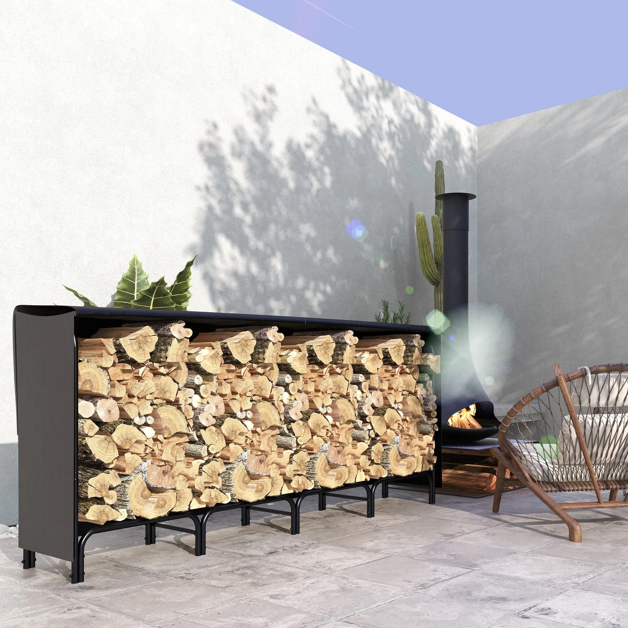 Indoor and Outdoor Metal Firewood Rack with Firewood Holder and Cover, 240x36x99cm, Black - Image 2