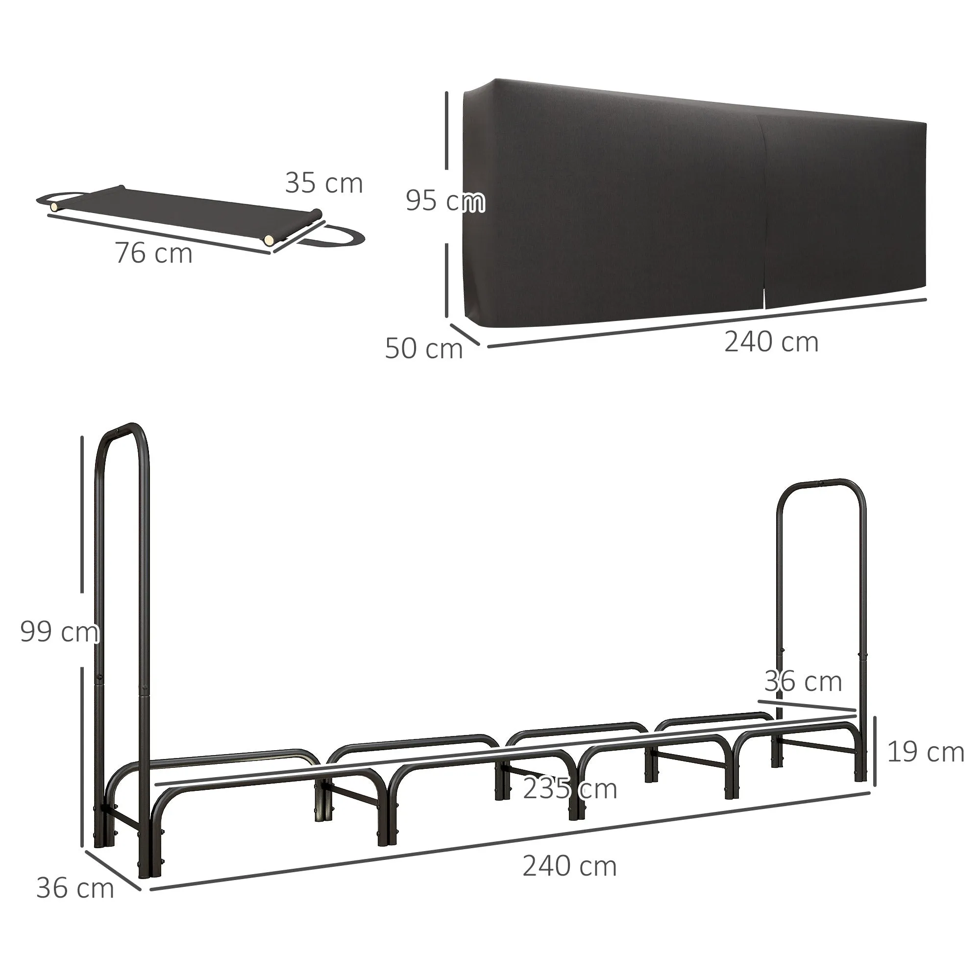 Indoor and Outdoor Metal Firewood Rack with Firewood Holder and Cover, 240x36x99cm, Black - Image 3