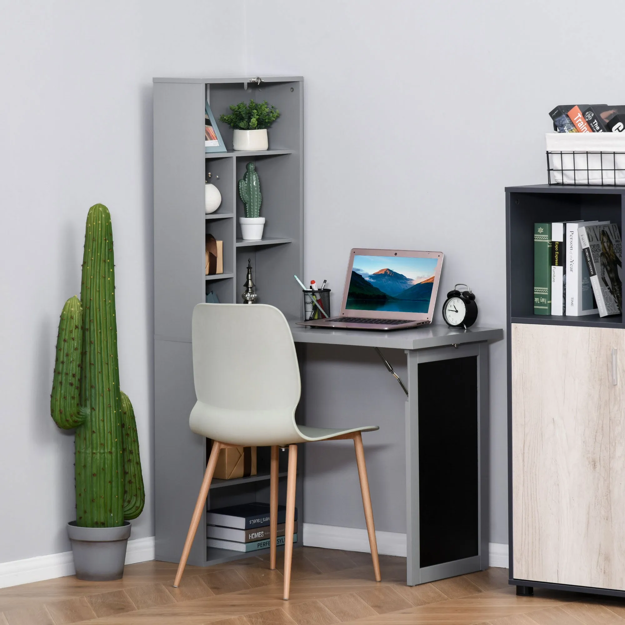 Folding PC Desk with 9-Tier Bookcase in Wood and Metal, 98x51x153 cm, Grey - Image 2