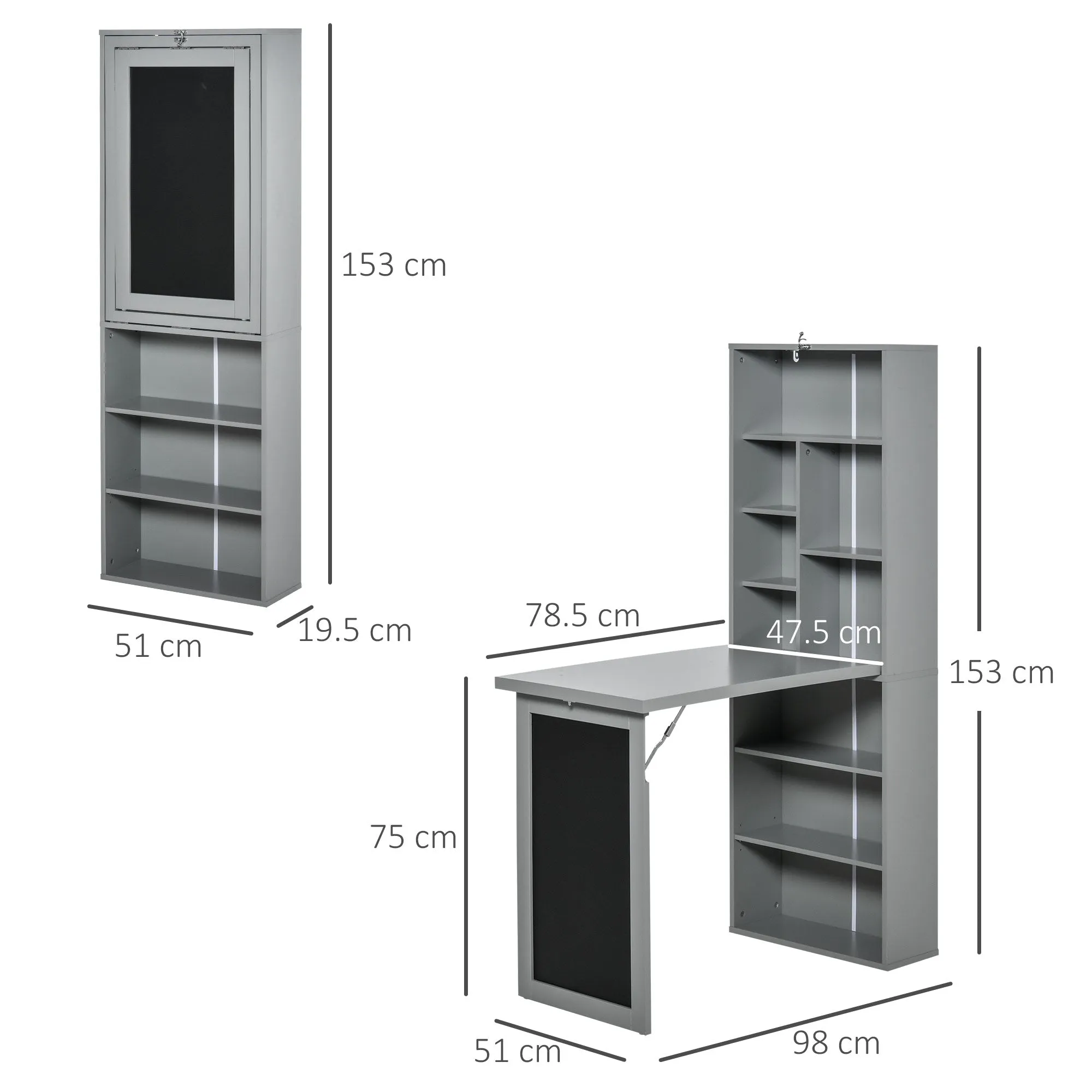Folding PC Desk with 9-Tier Bookcase in Wood and Metal, 98x51x153 cm, Grey - Image 3