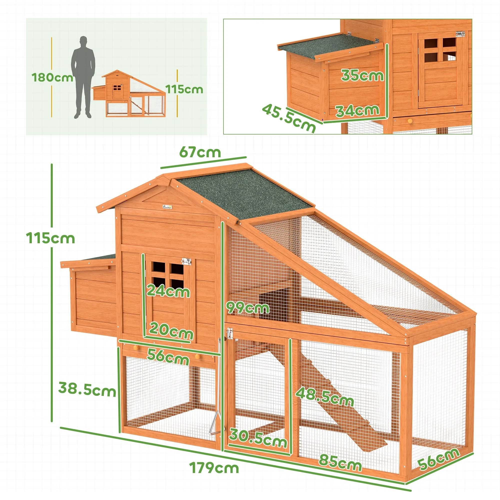 Garden Chicken Coop for 1-2 Chickens with Brooding Area, House and Open Space, Made of Wood and Metal, 179x67x115 cm - Image 3