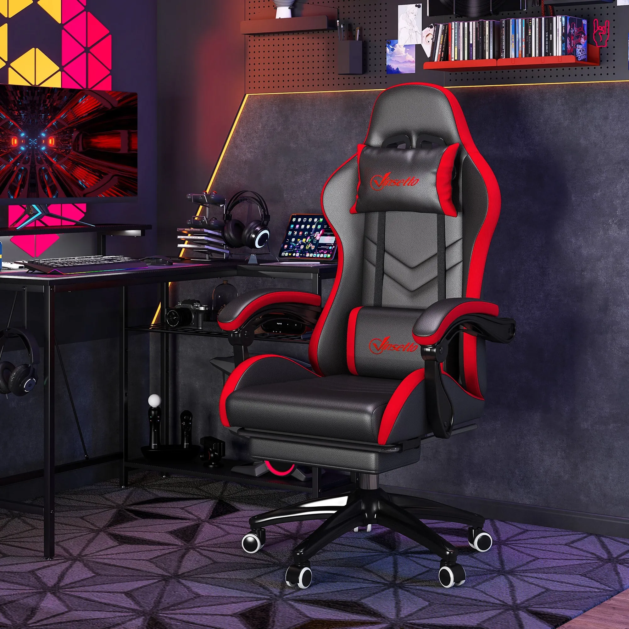 Gaming Chair with Adjustable Height and Reclining Backrest, 65x65x121-129 cm, Black and Red - Image 2