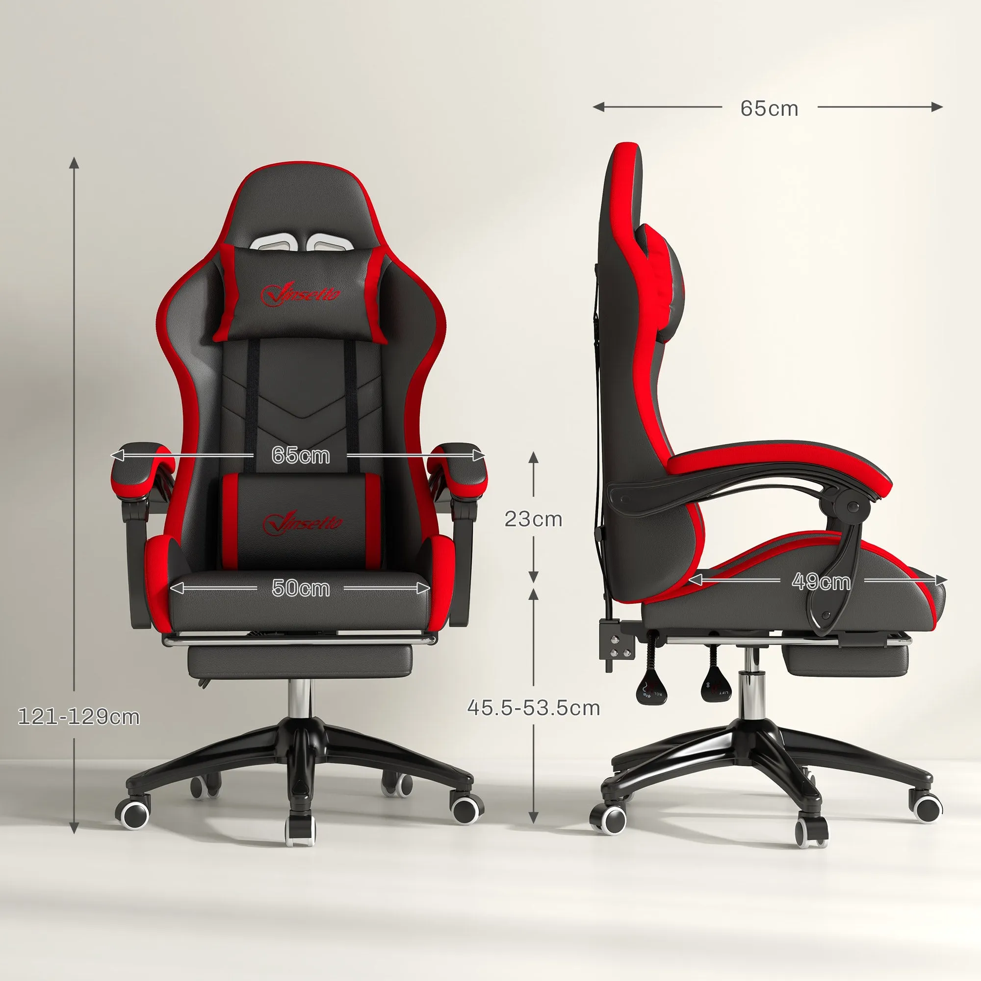 Gaming Chair with Adjustable Height and Reclining Backrest, 65x65x121-129 cm, Black and Red - Image 3