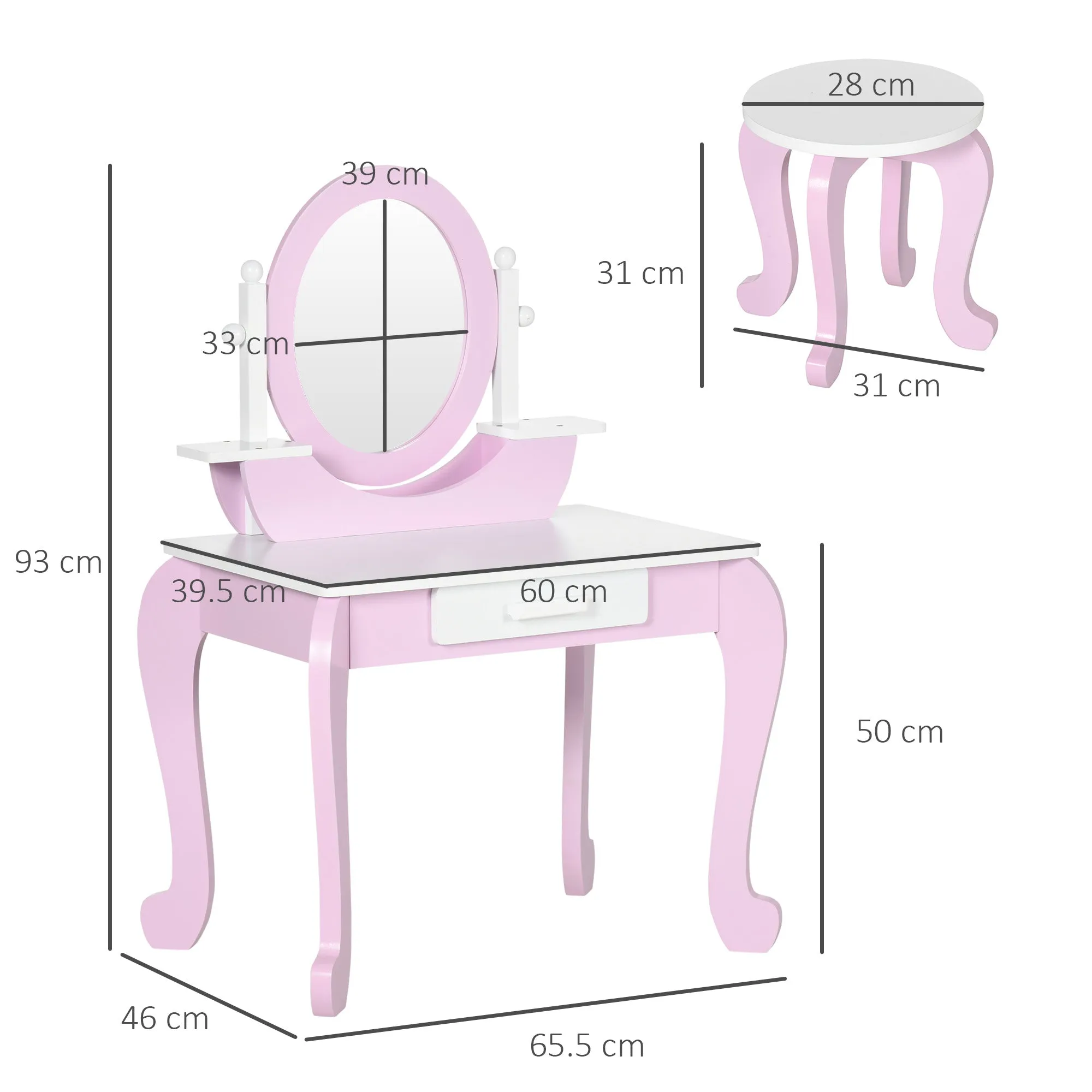 Kids Makeup Dressing Table Set with Mirror Table and Stool, Ages 3-6 Years, Pink - Image 3