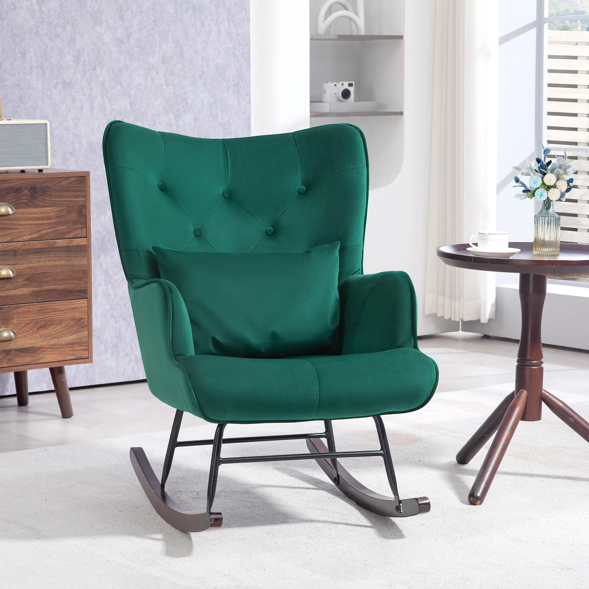 High Back Velvet Rocking Chair with Buttons, Cushion and Armrests, Green - Image 2