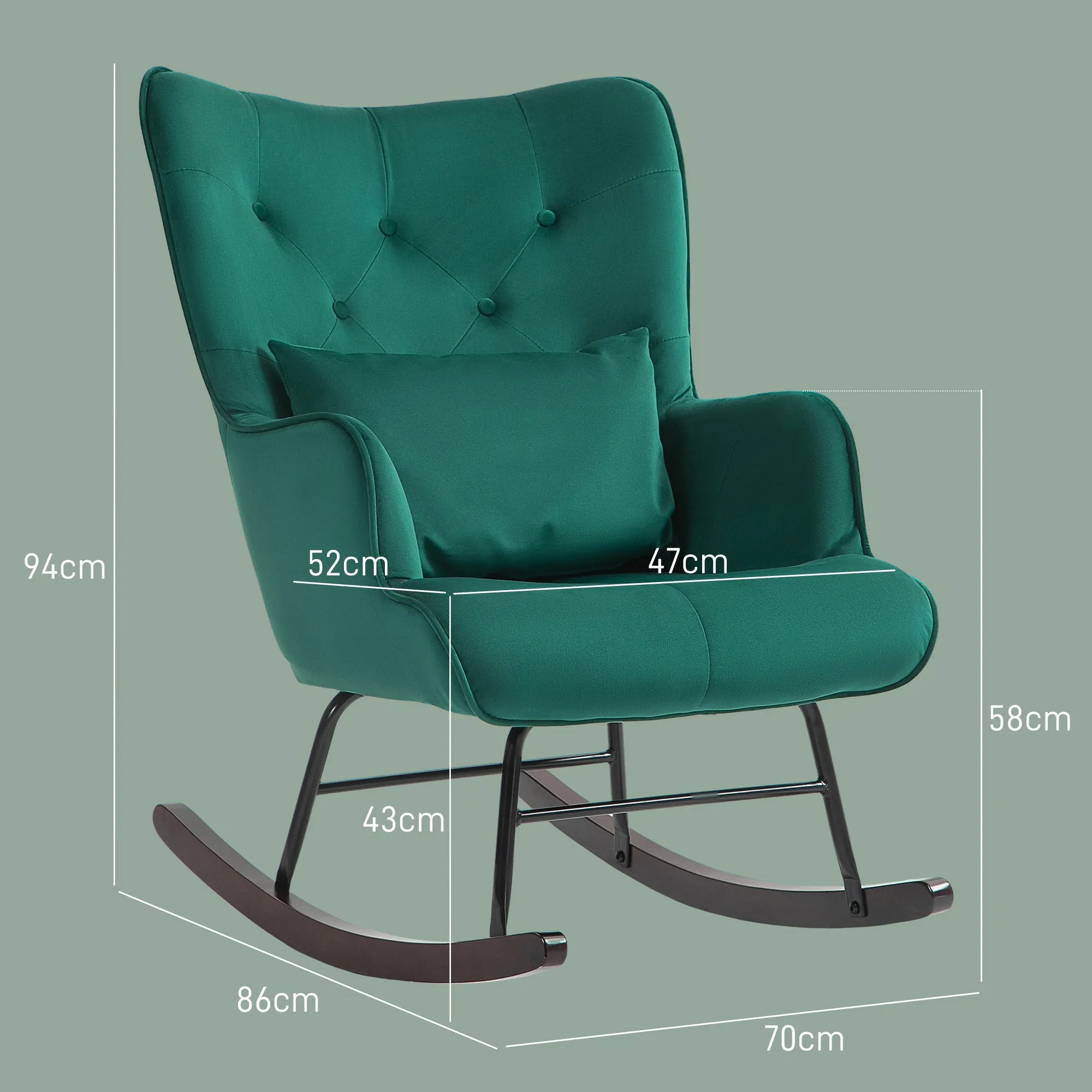 High Back Velvet Rocking Chair with Buttons, Cushion and Armrests, Green - Image 3