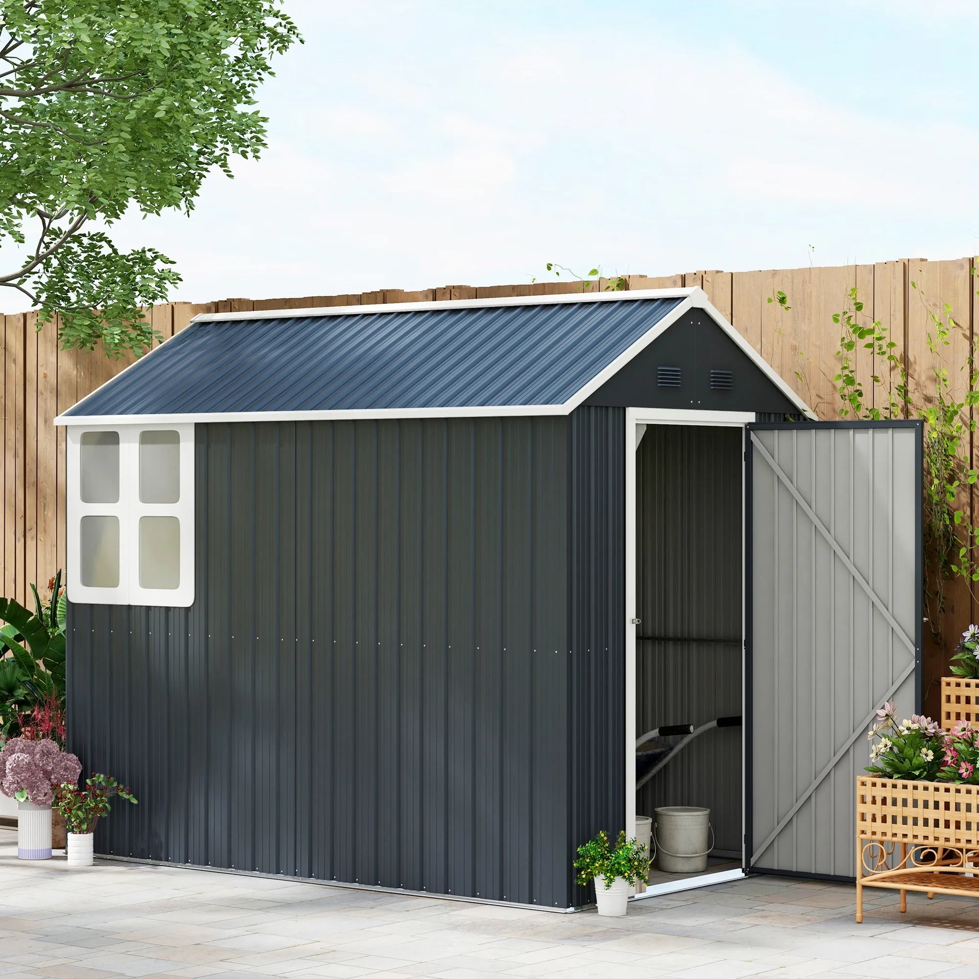 Garden Shed Tool Storage in Galvanized Steel and PP with Window, 259x172x222 cm, Grey and White - Image 2