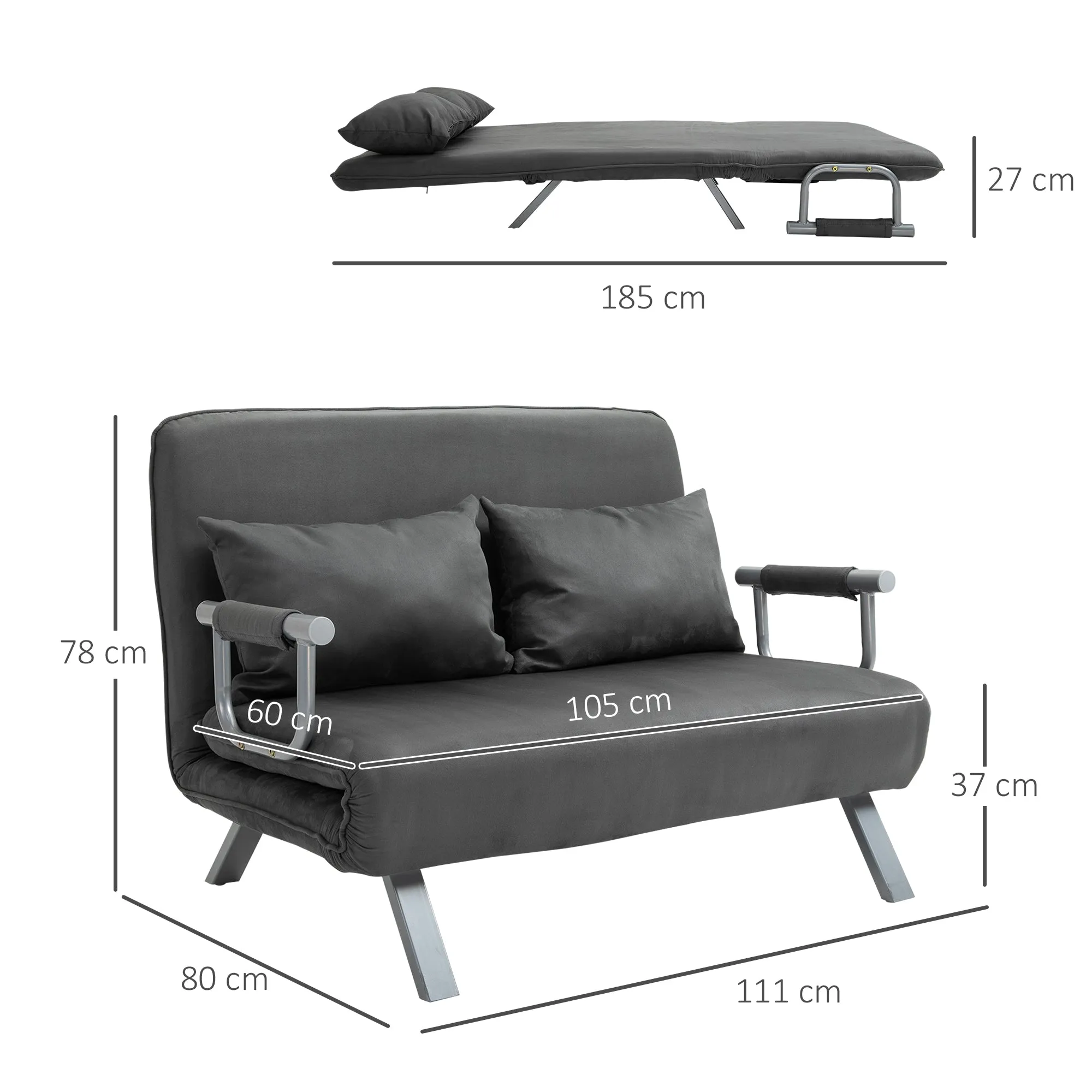 2 Seater Sofa Bed in Faux Leather and Steel with 5-Position Adjustable Seat, 105x80x78 cm, Grey - Image 3