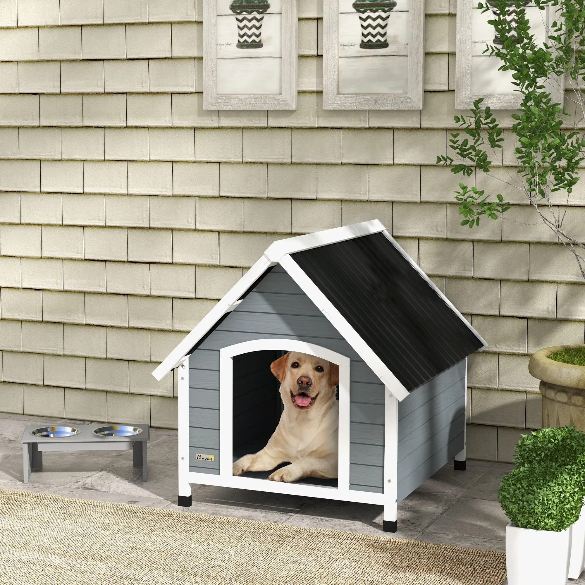 Outdoor Wooden Dog House, Large Dog House with Removable Floor, 84x99x87cm, Grey - Image 2