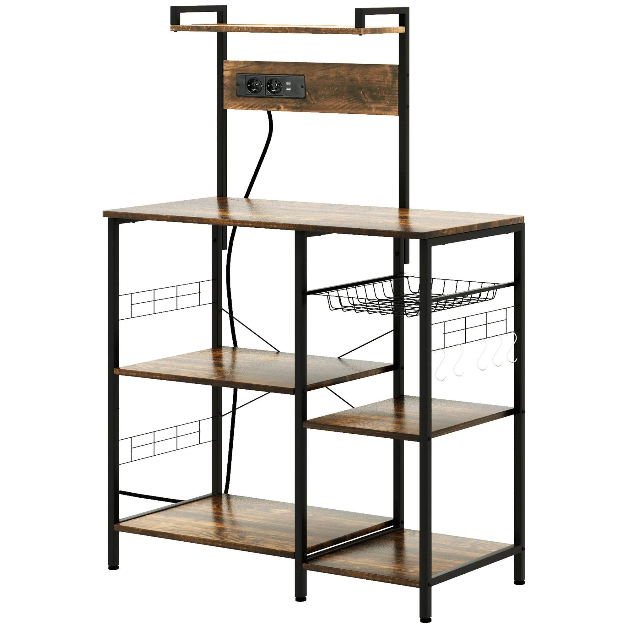 Microwave Multi-Socket Kitchen Shelf with Shelves and Mesh Basket, 90x42x130cm, Brown