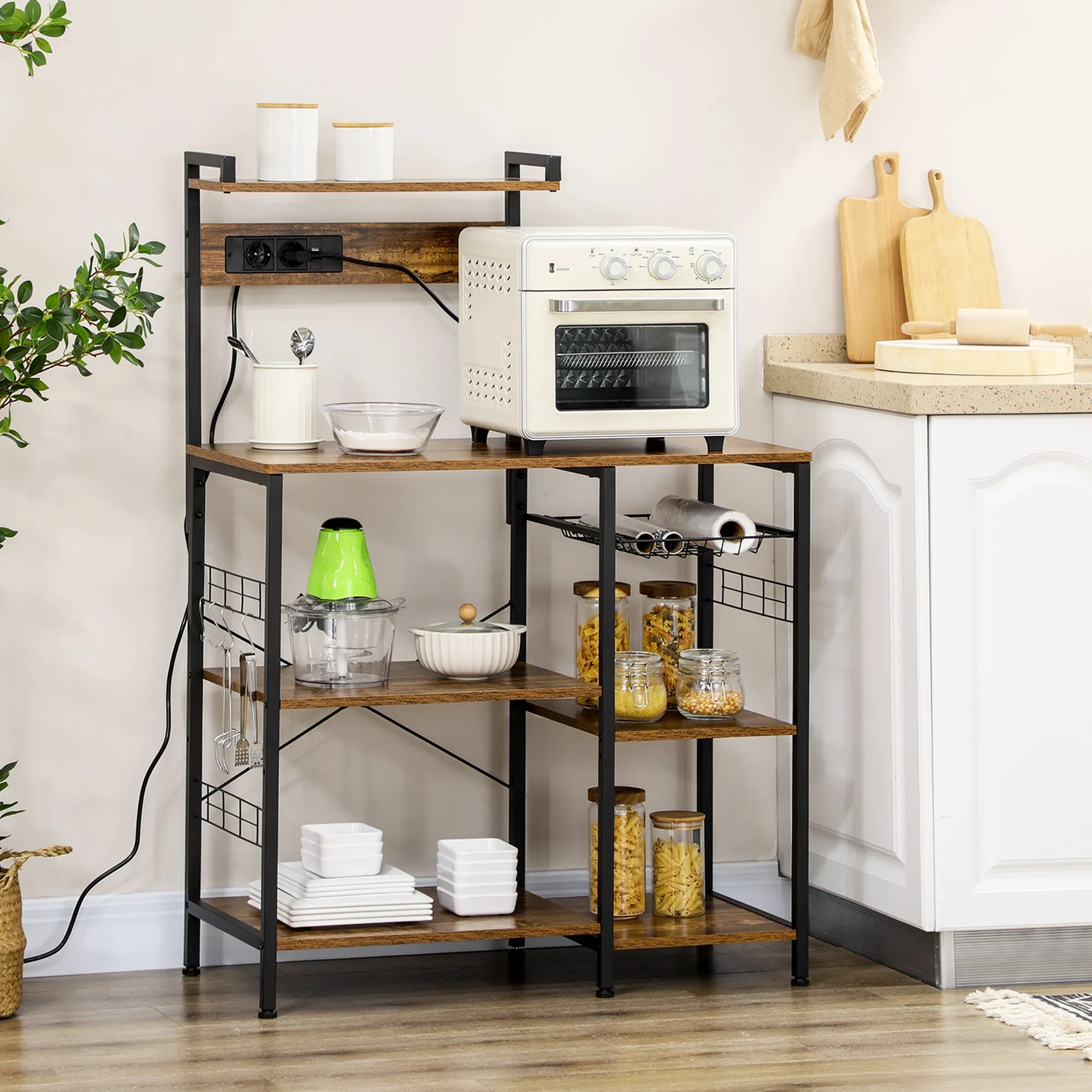 Microwave Multi-Socket Kitchen Shelf with Shelves and Mesh Basket, 90x42x130cm, Brown - Image 2
