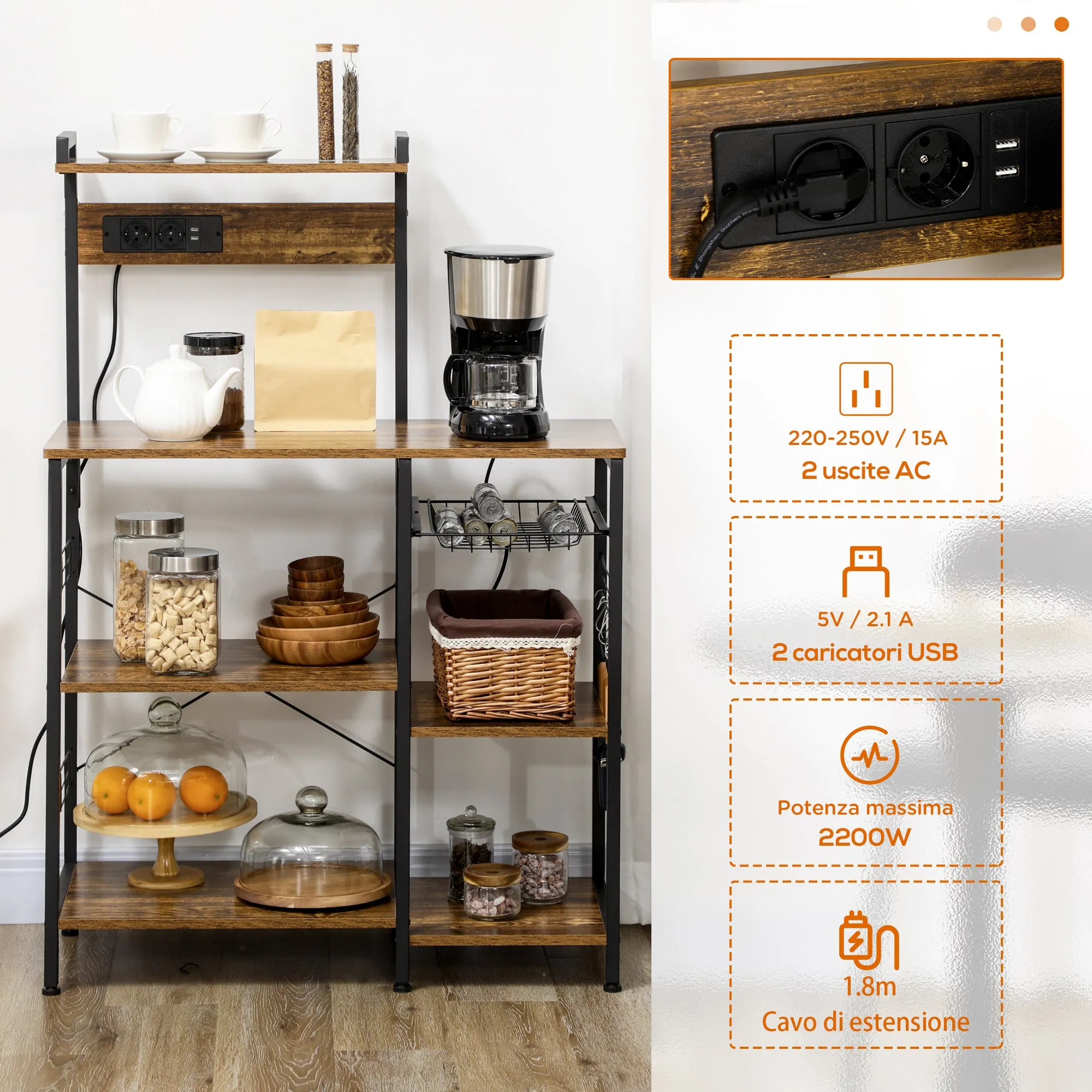 Microwave Multi-Socket Kitchen Shelf with Shelves and Mesh Basket, 90x42x130cm, Brown - Image 3