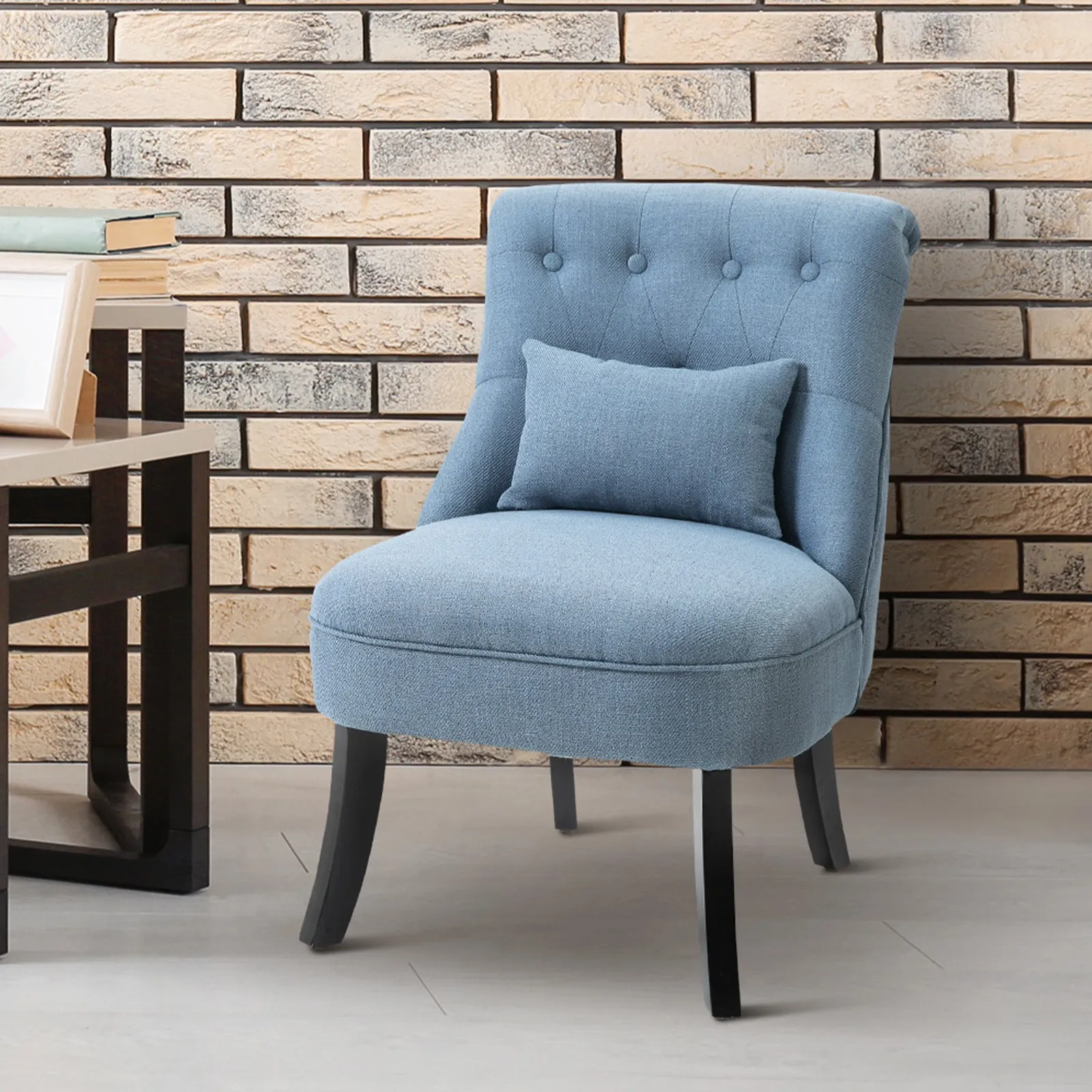 Upholstered Living Room Armchair with Cushion, in Linen and Wood Effect Fabric, 52.5x69x77 cm, Blue - Image 2