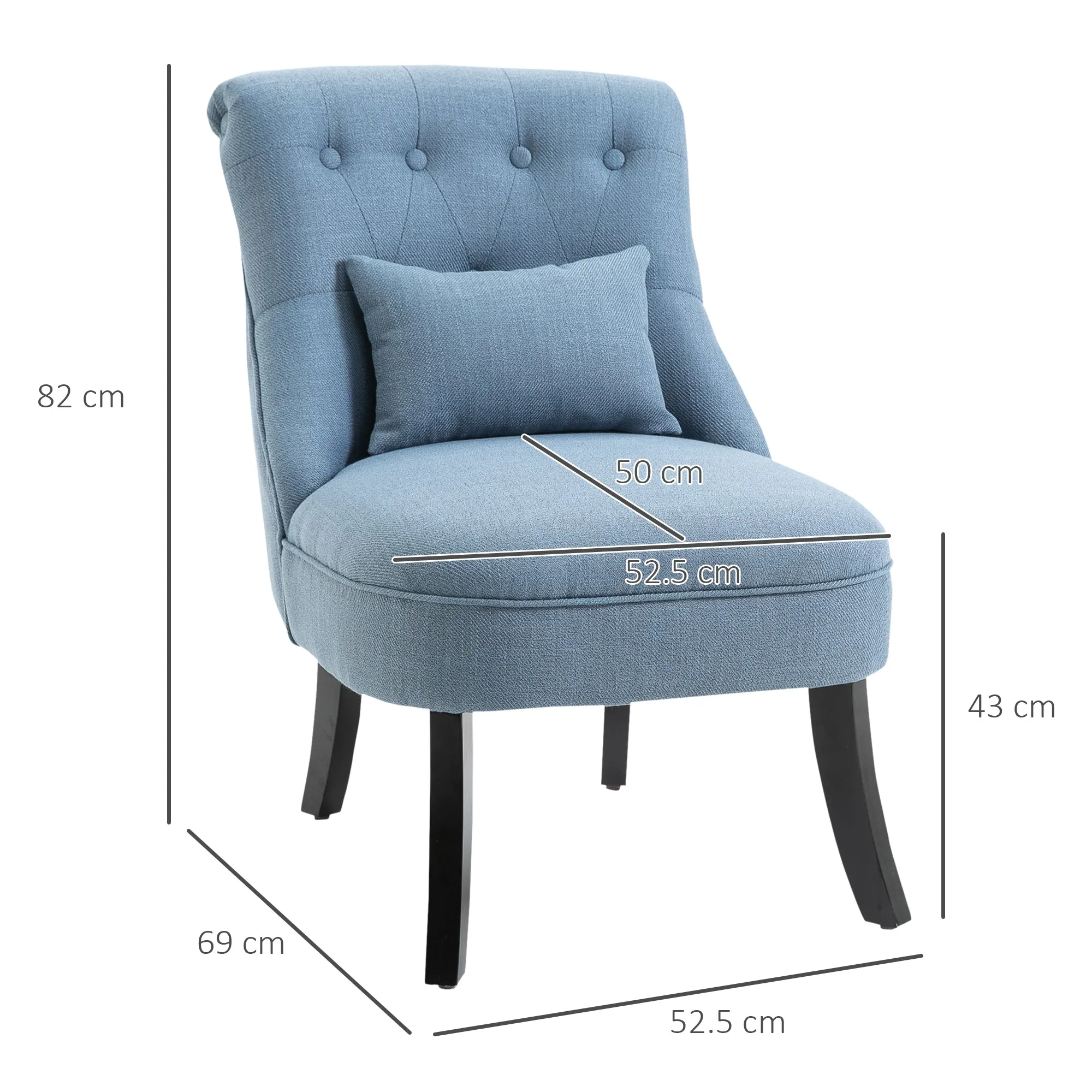 Upholstered Living Room Armchair with Cushion, in Linen and Wood Effect Fabric, 52.5x69x77 cm, Blue - Image 3